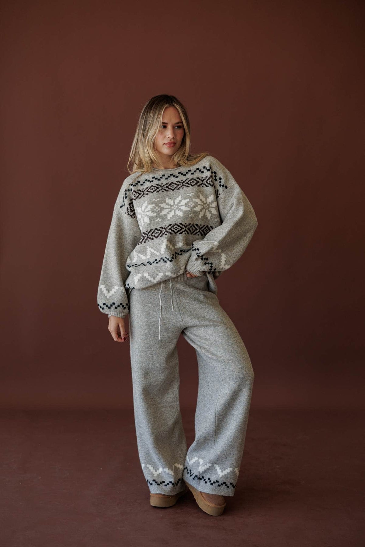 Cabin Cozy Sweater Pants, in stone, full-length view with the matching sweater
