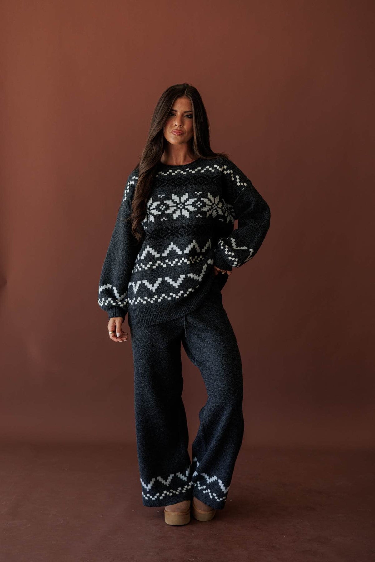 Cabin Cozy Sweater Pants, in charcoal, full-length view of the knit set