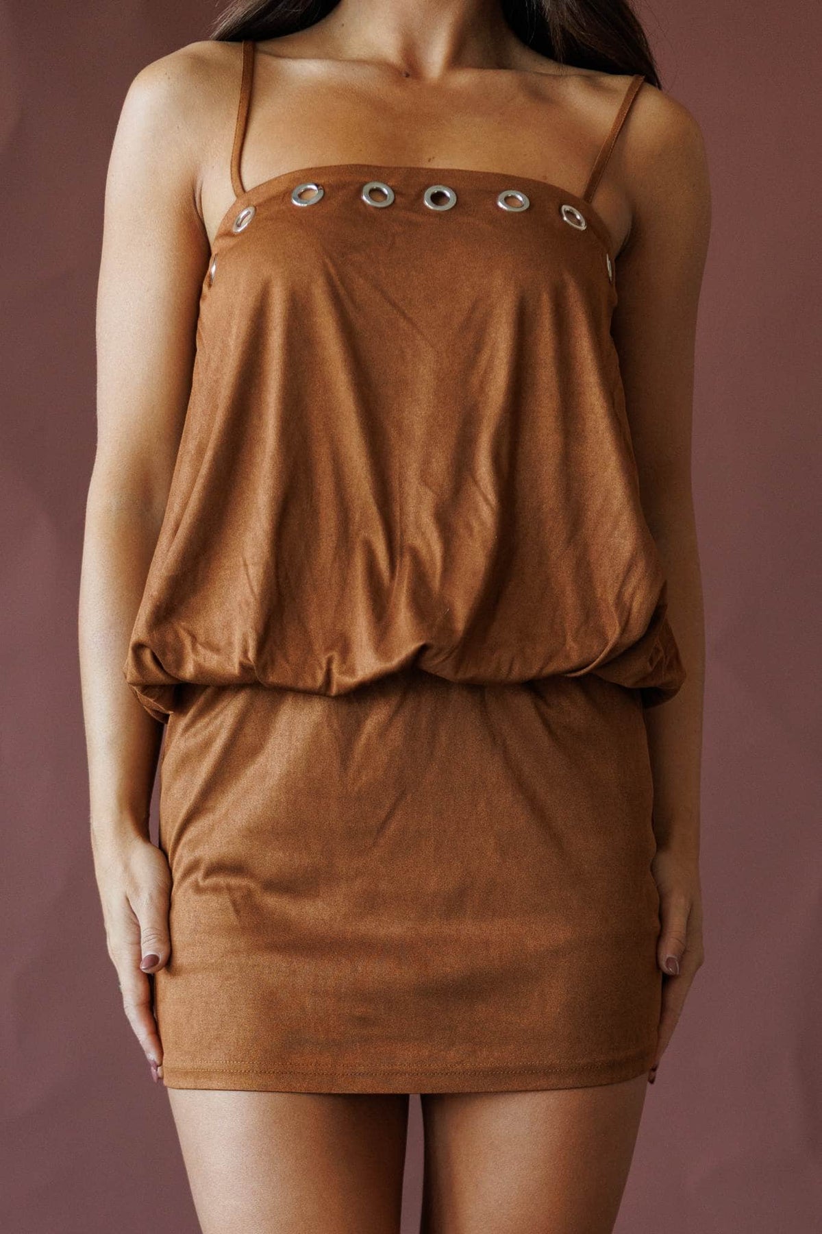 Rust strapless blouson mini dress