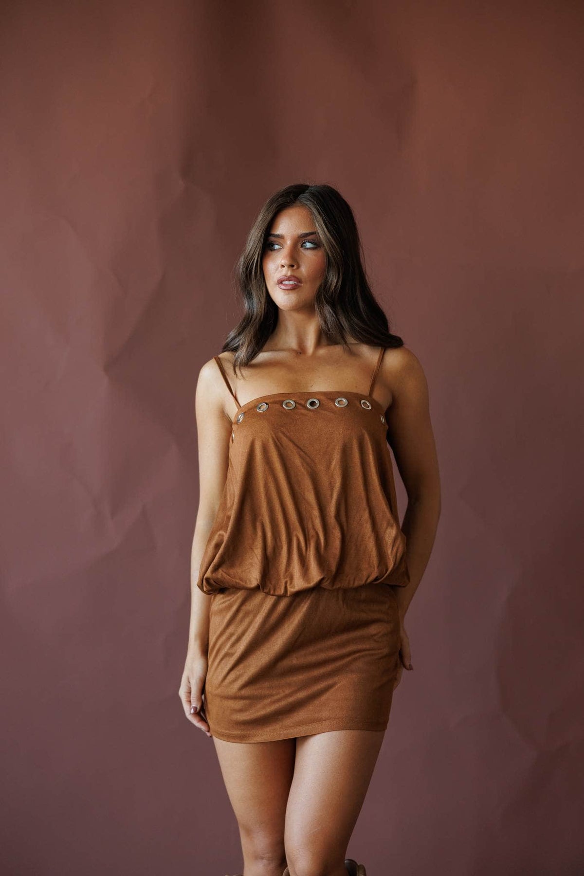 Rust strapless blouson mini dress