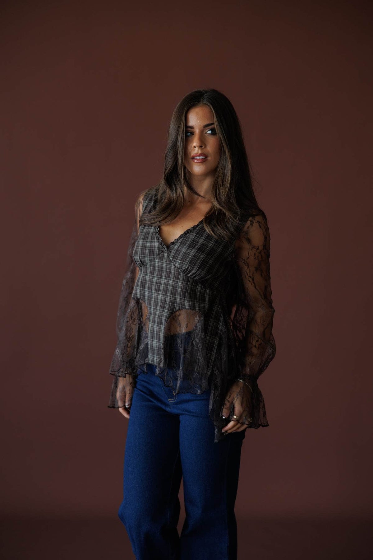 Chocolate Plaid Lace Mixed Top