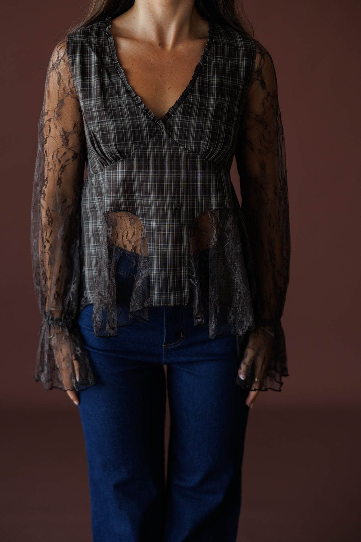 Chocolate Plaid Lace Mixed Top