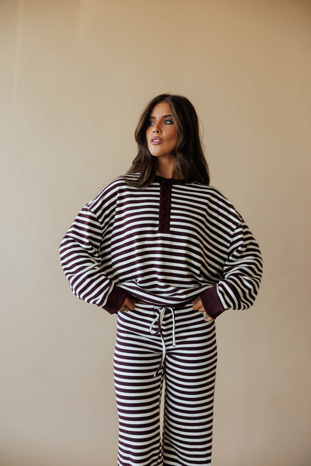 Cream and maroon stripe lounge top