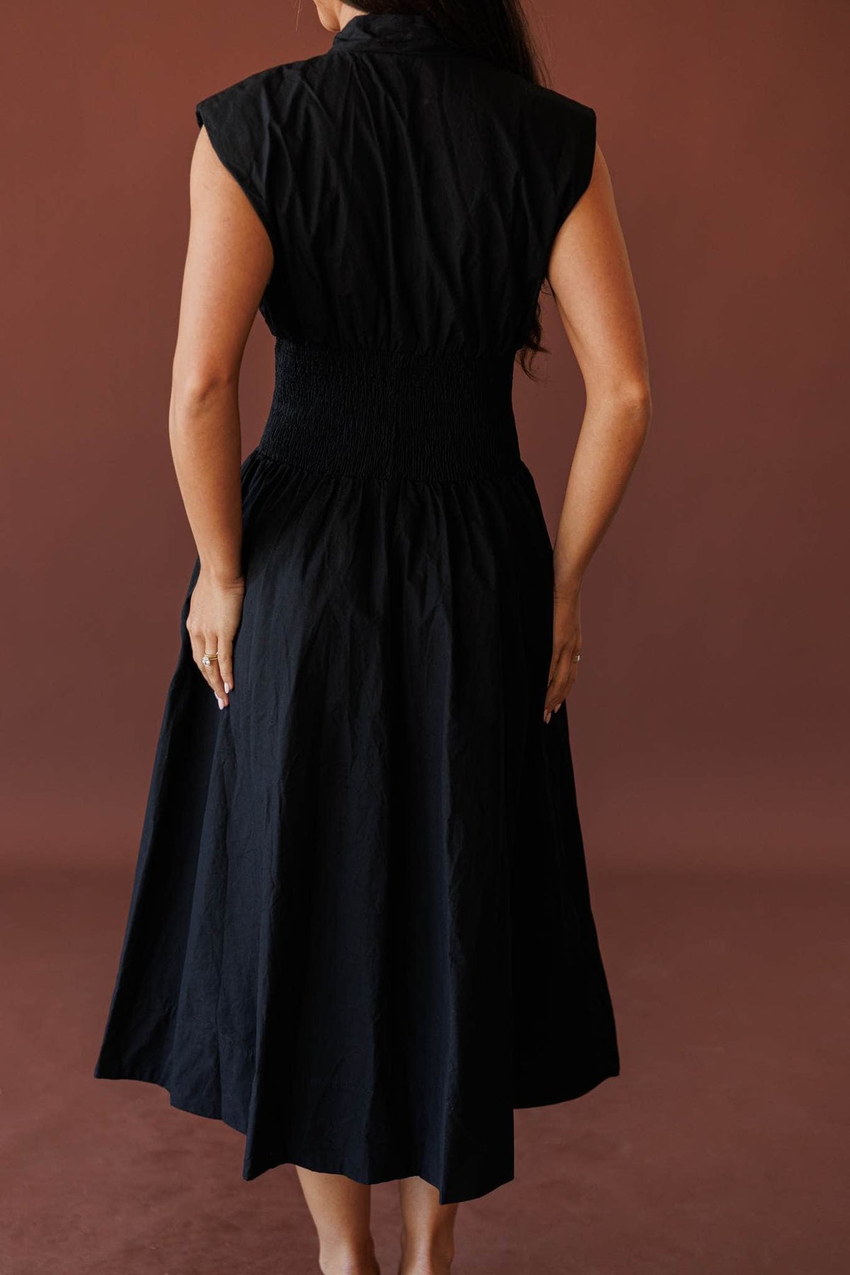Opening Act Zip Midi Dress, back view of the dropped waist