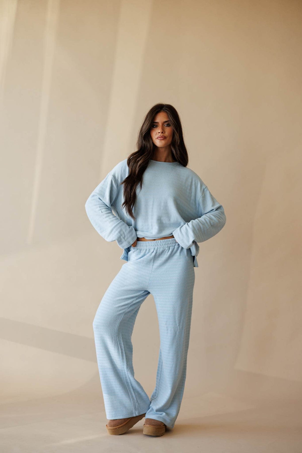 Pale blue ribbed knit wide leg pants