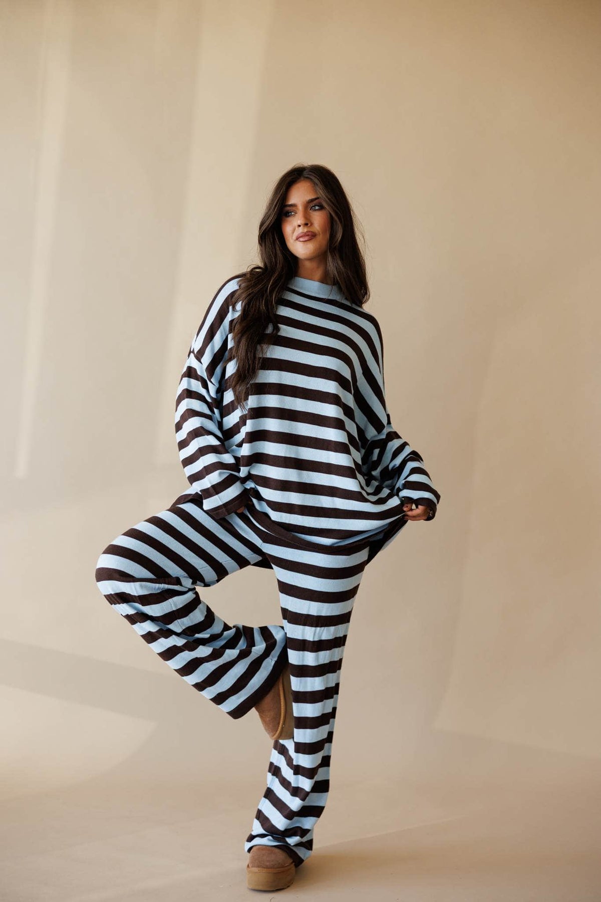 Pale blue and cocoa stripe knit wide leg pants