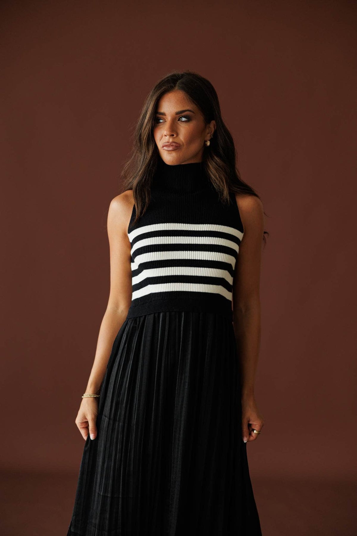 City Limits Striped Dress in black and white, front view of the striped mock-neck bodice