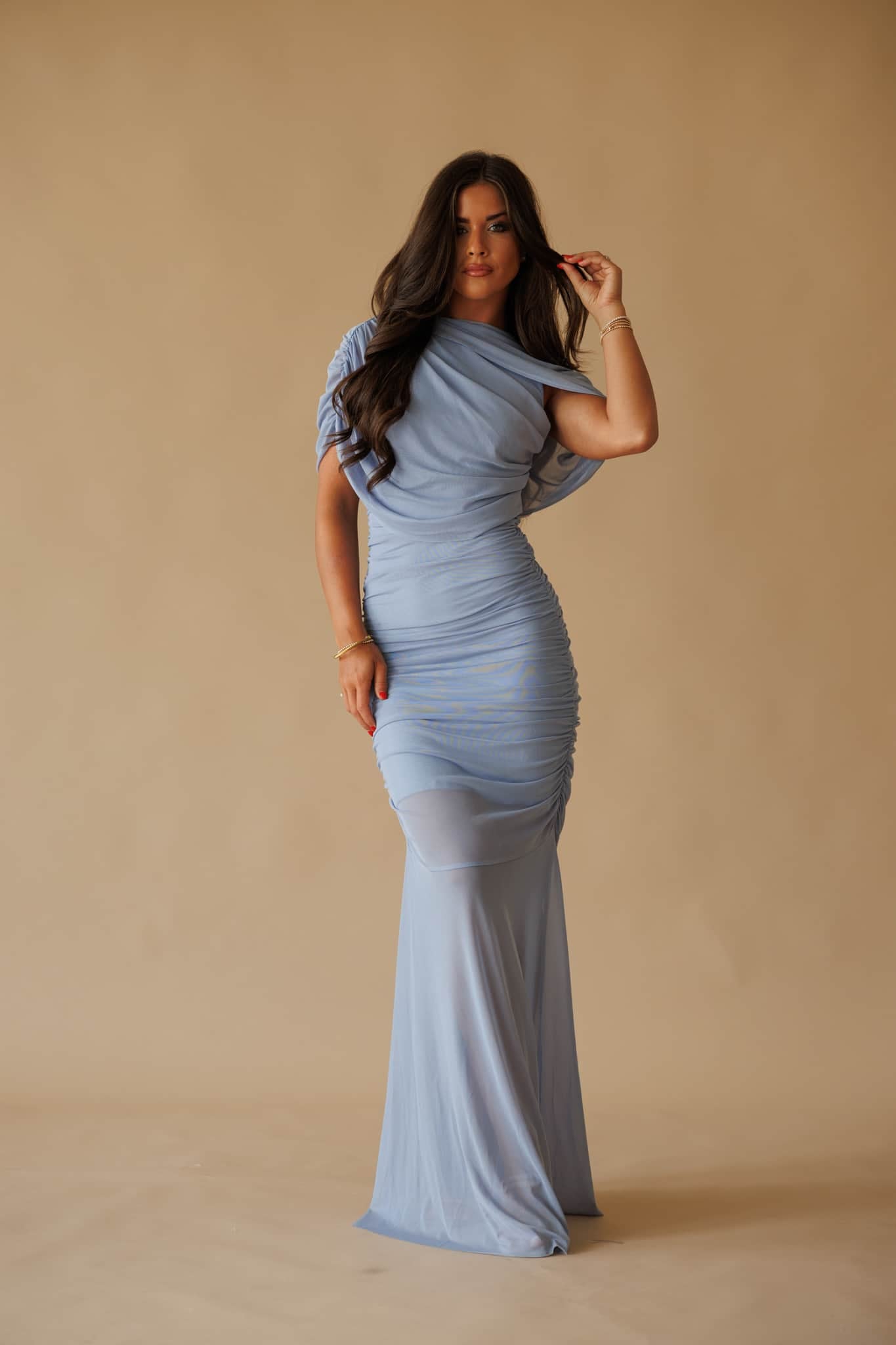 Cape Flare Mesh Maxi Dress