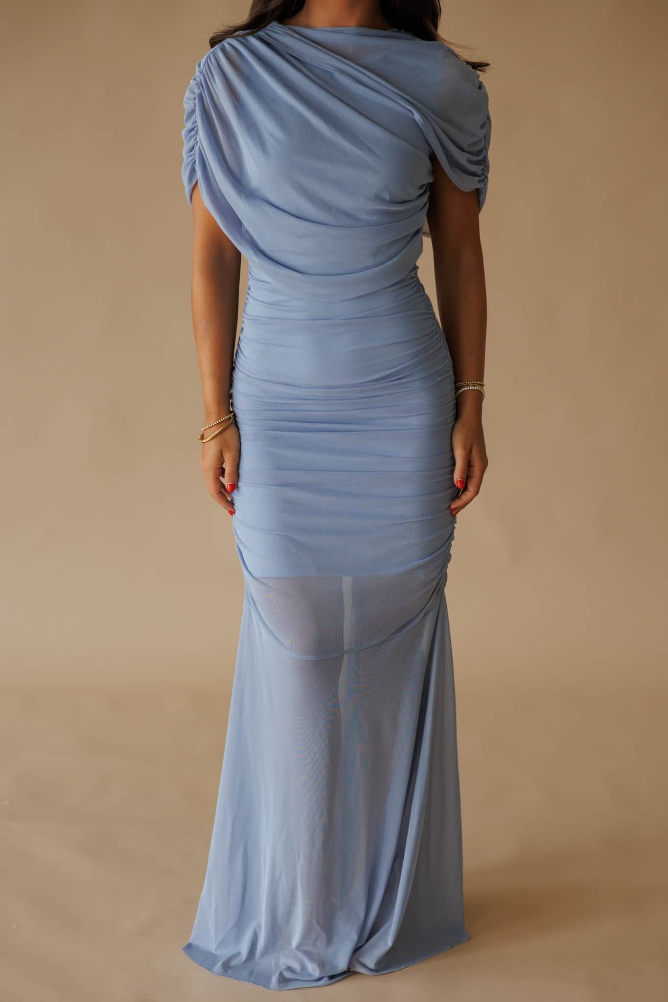 Cape Flare Mesh Maxi Dress
