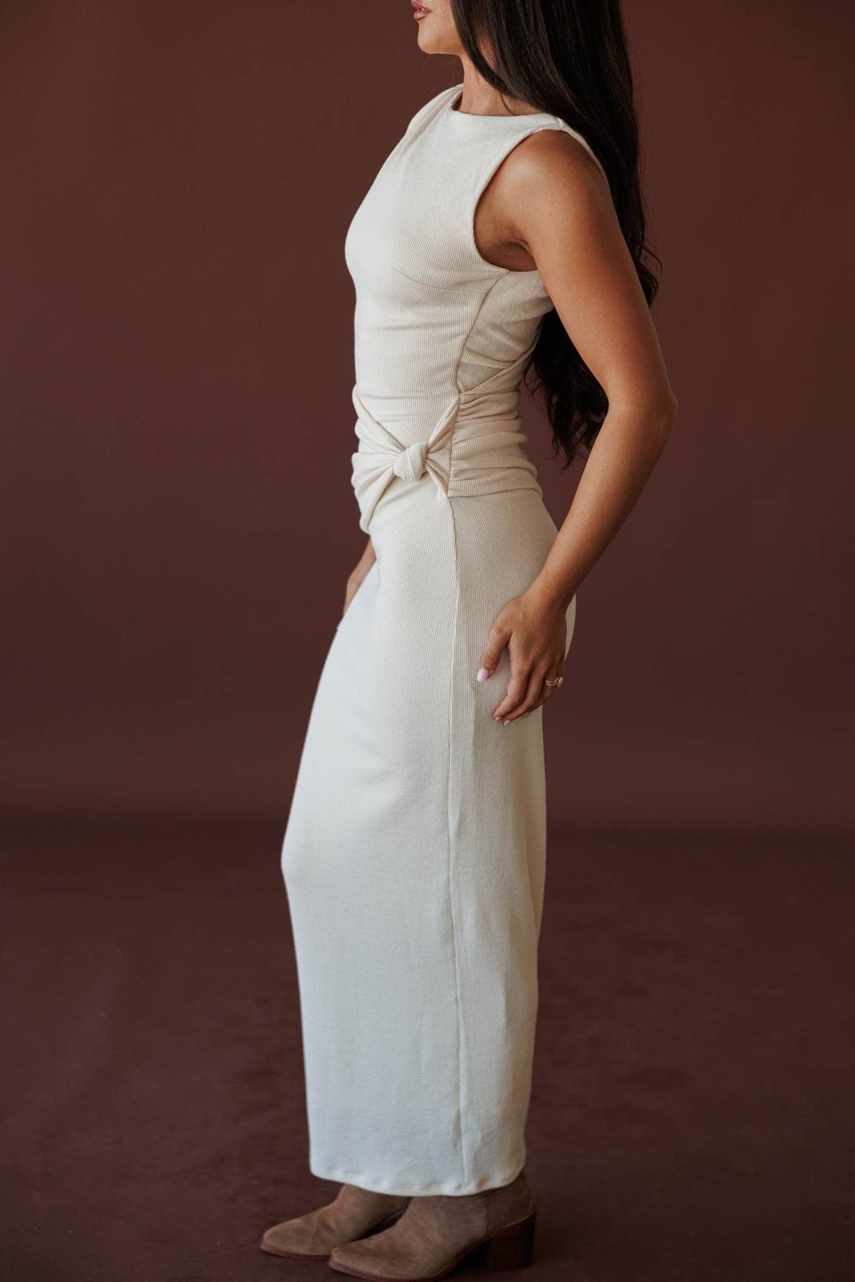 Clean Slate Ribbed Maxi Dress, side view of the ruched waist
