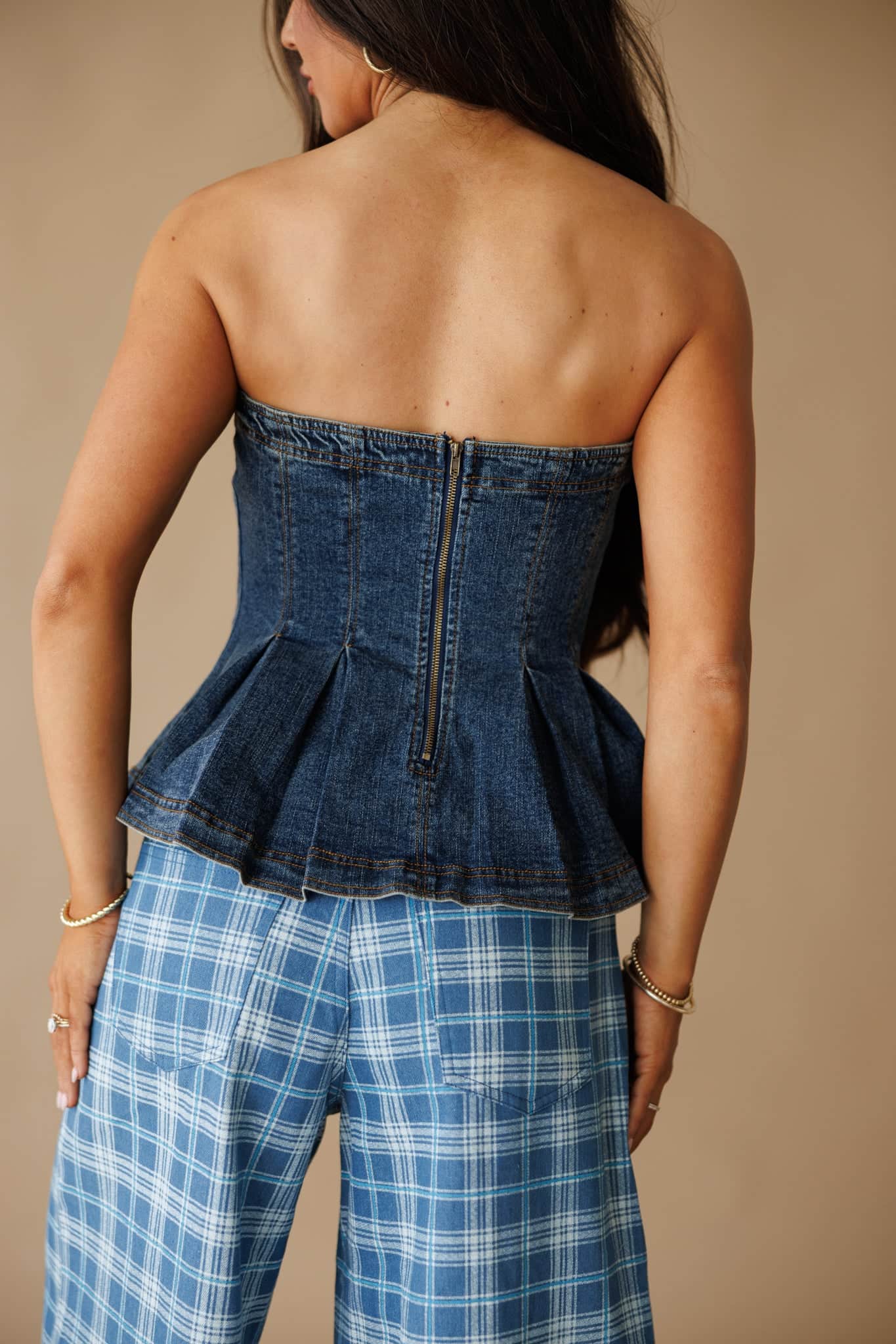 Denim Pleated Peplum Top