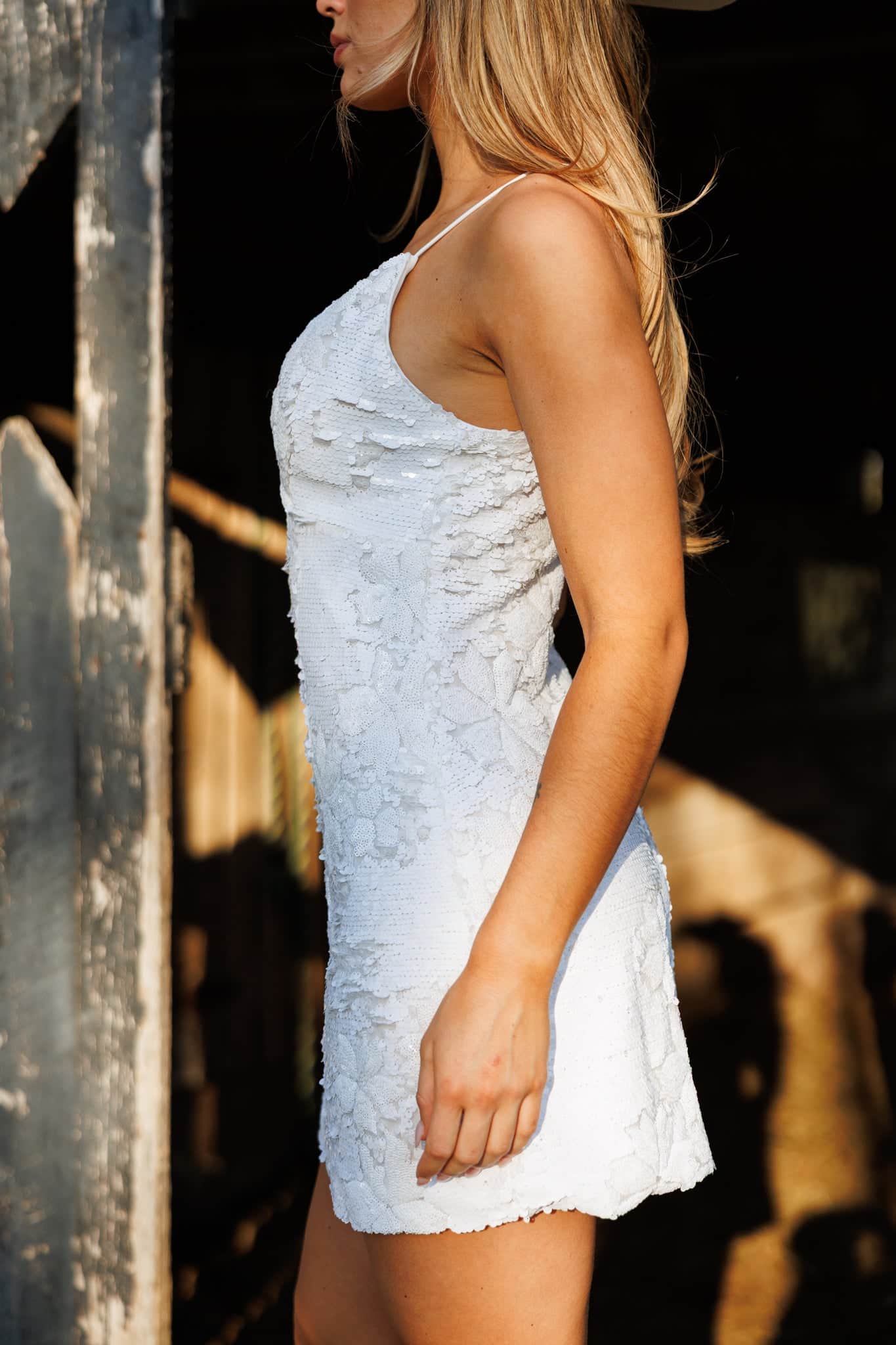 White Floral Sequin Mini Dress