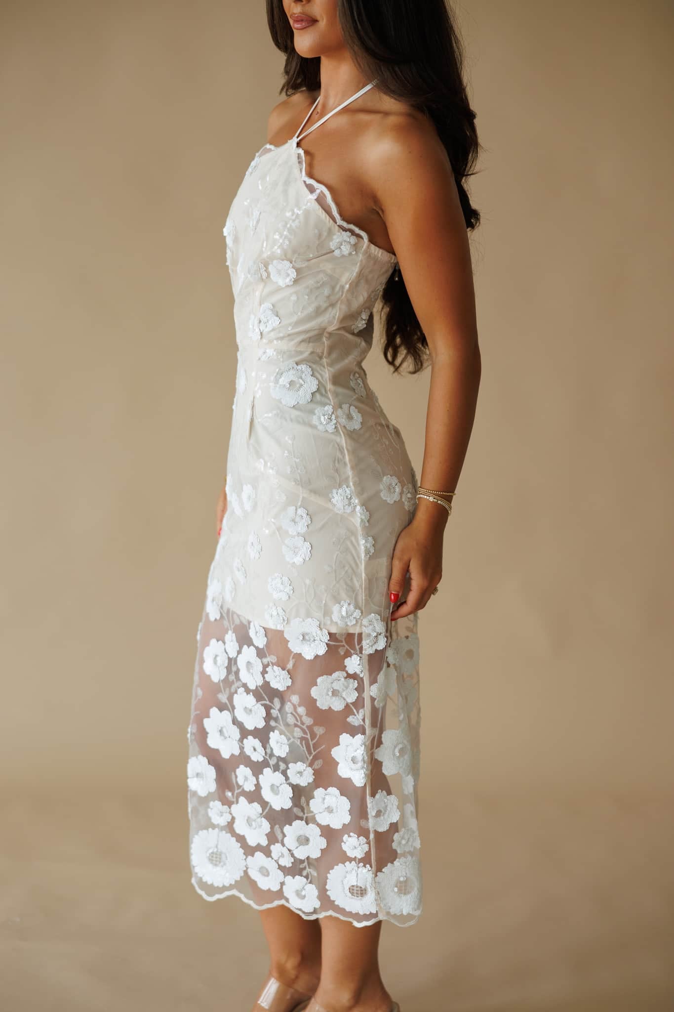 Floral Sequin Mesh Midi Dress