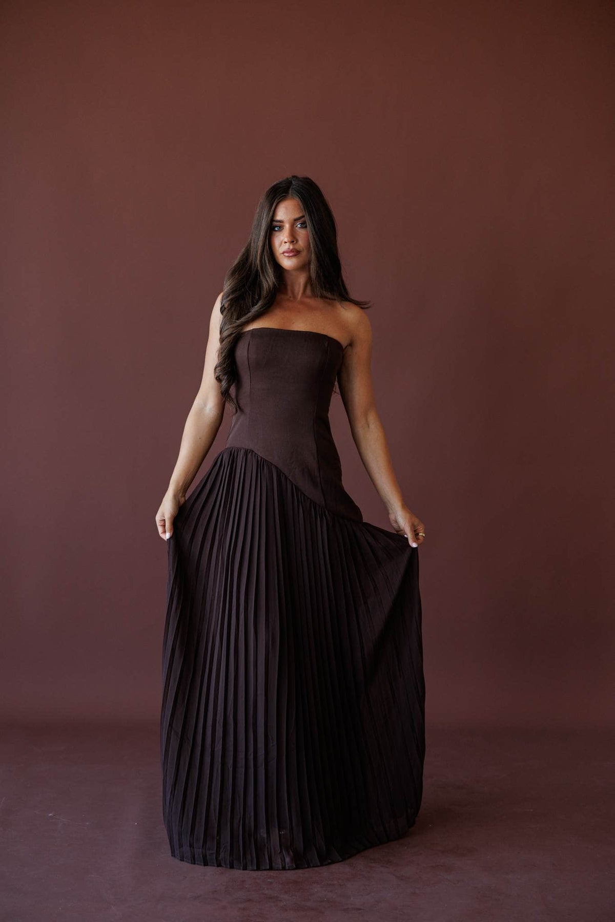 Cocoa Nights Strapless Maxi Dress, full-length front view of the strapless maxi