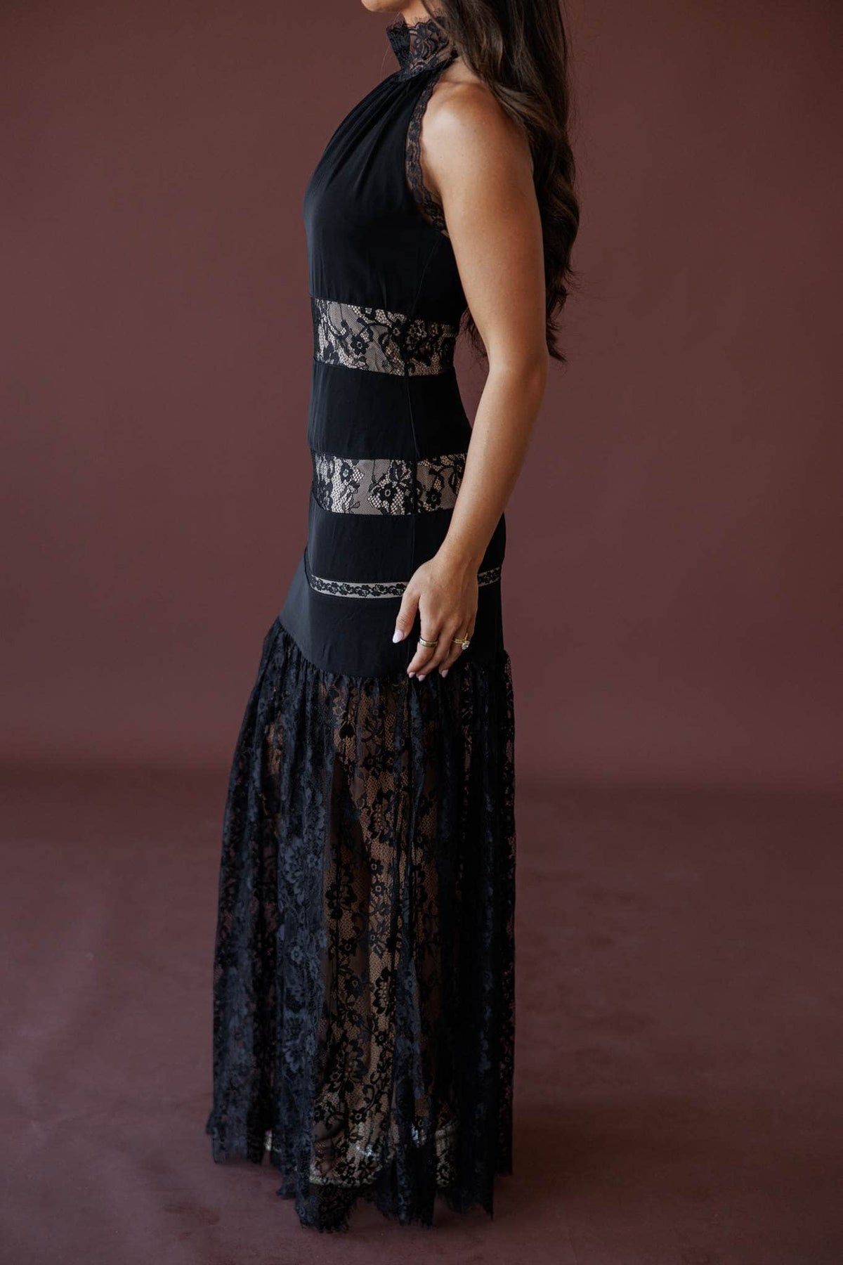 Midnight Lace Halter Maxi Dress, side view of the lace hem
