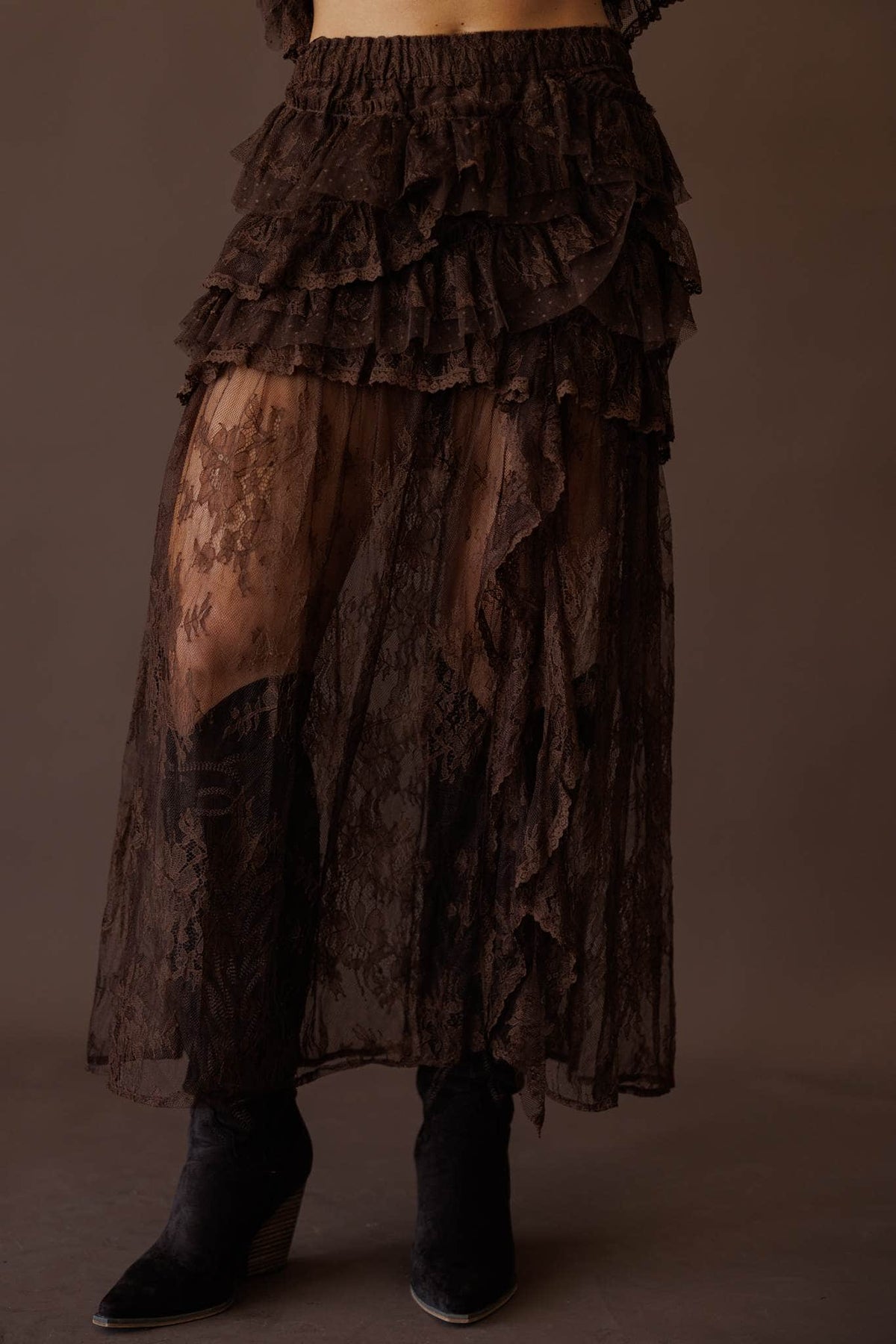 Brown knit maxi skirt, front view