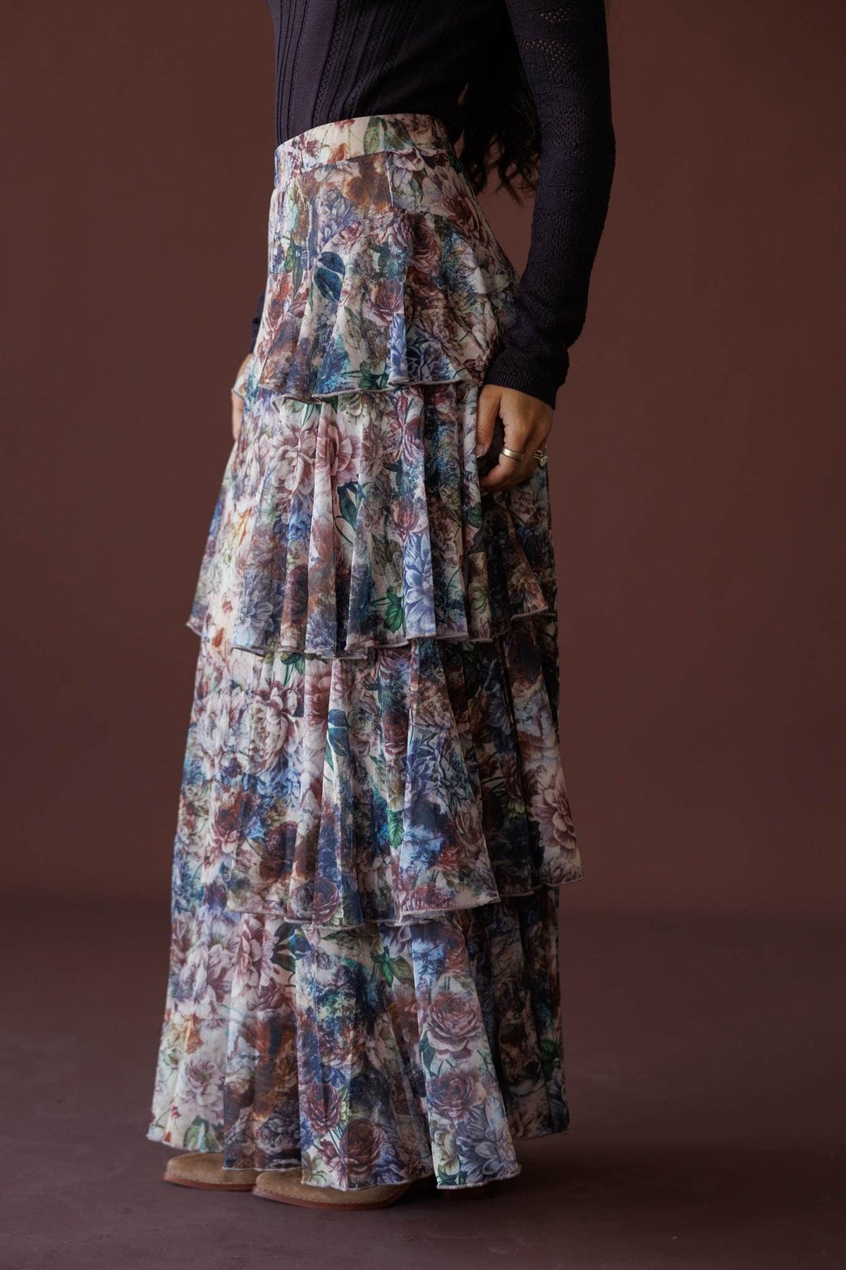 Falling Fast Floral Skirt in sand floral, front view showing the smooth waist and ruffle tiers
