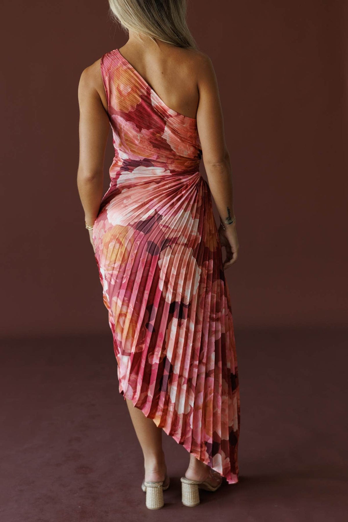 Petal Effect Maxi Dress in romantic floral, back view showing the pleated maxi skirt
