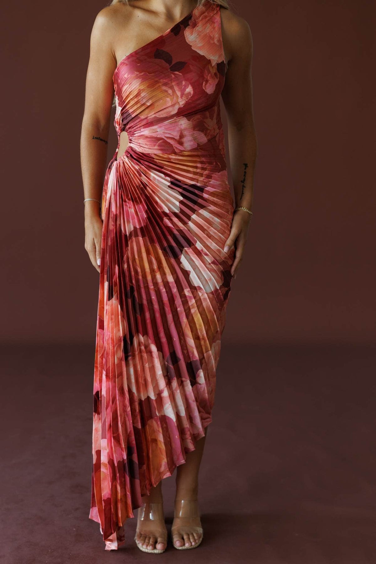 Petal Effect Maxi Dress in romantic floral, side view showing the pleated skirt