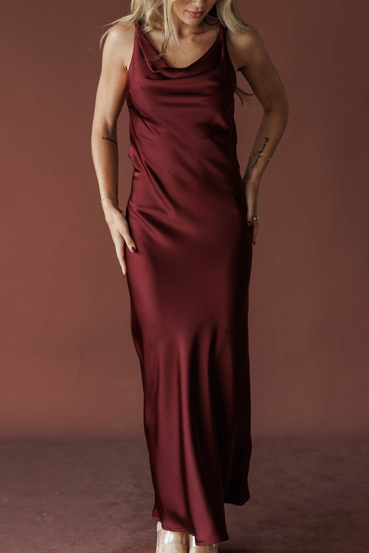 Cabernet Cowl Maxi Dress, in burgundy, close front view of the cowl neck