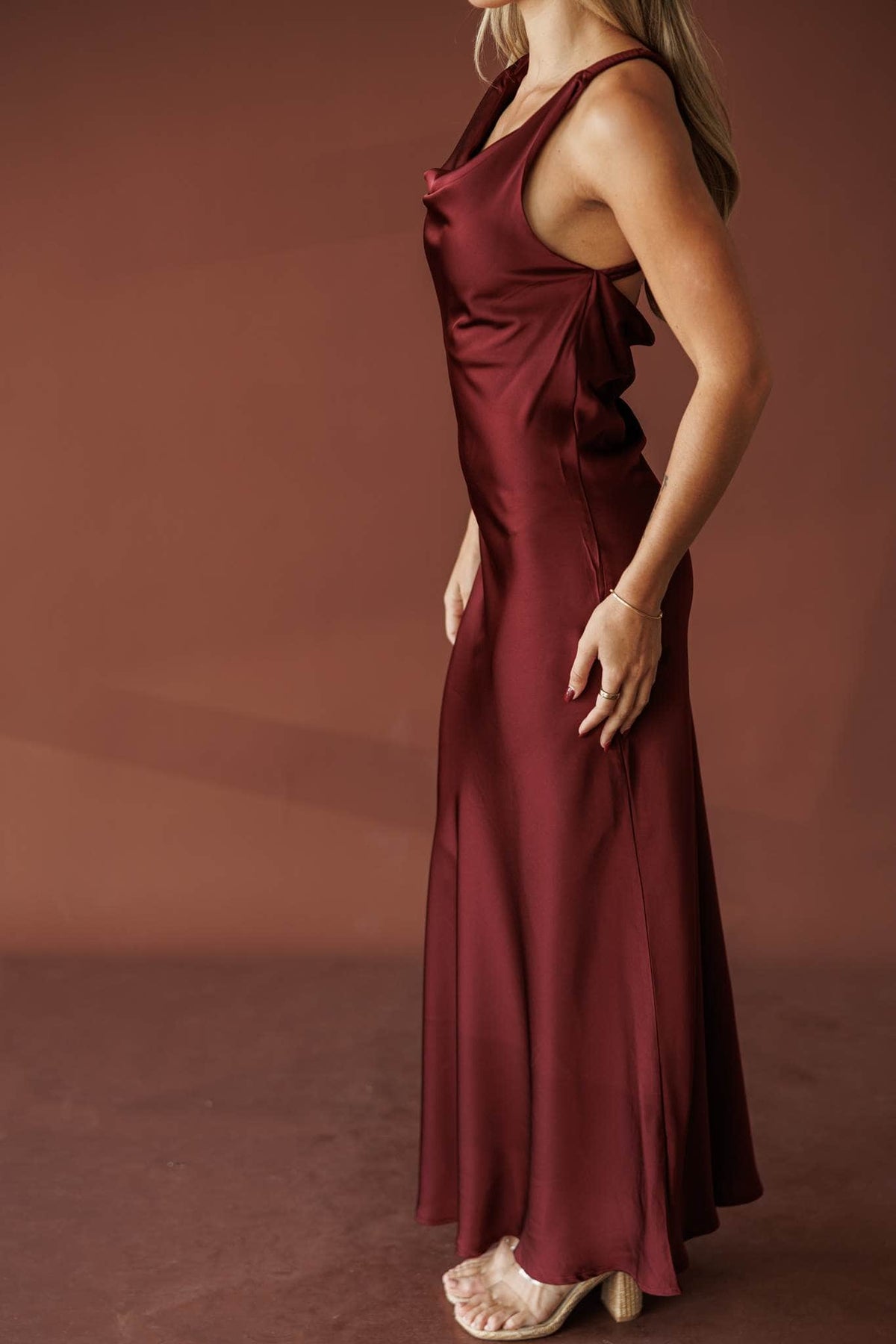 Cabernet Cowl Maxi Dress, in burgundy, side view of the open back