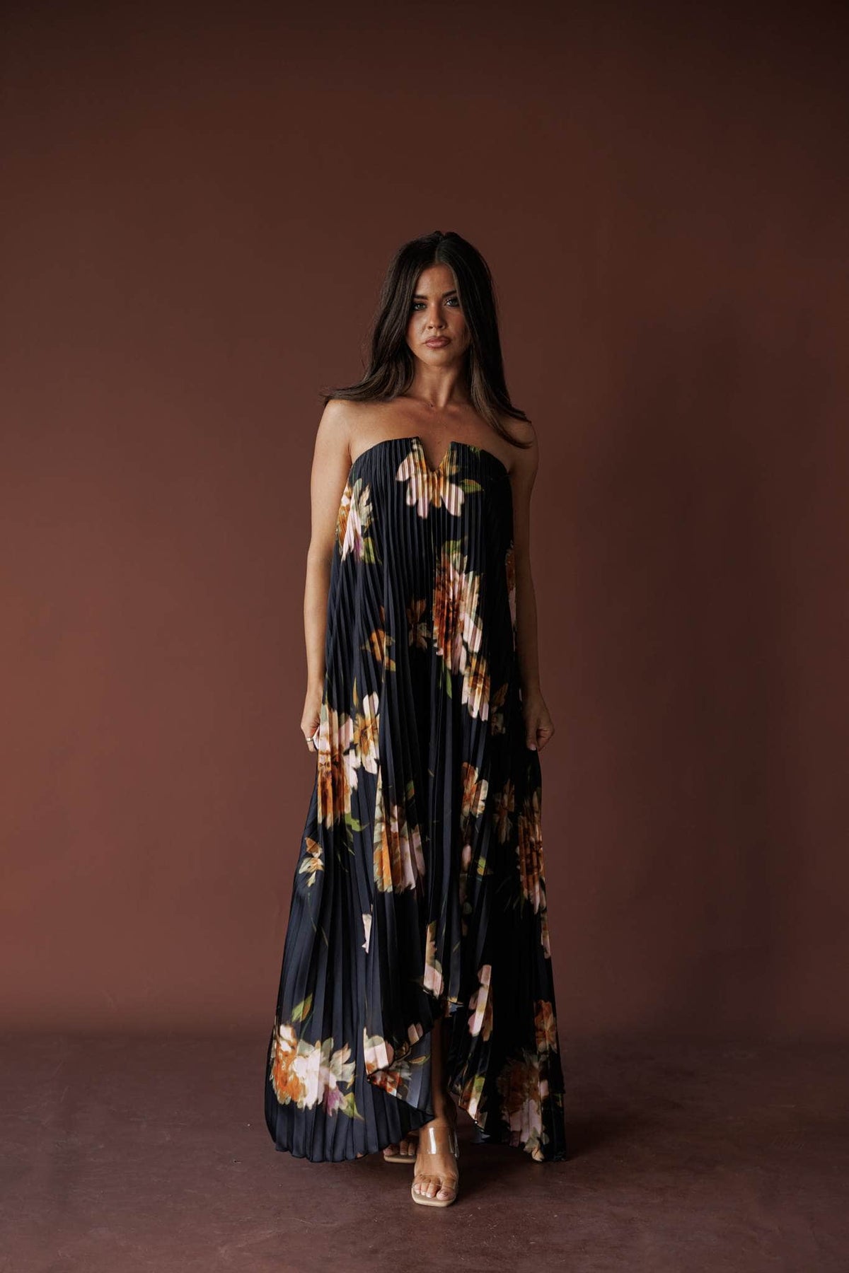 Nightfall Pleated Maxi Dress, in nightfall bloom, three-quarter front view of the maxi