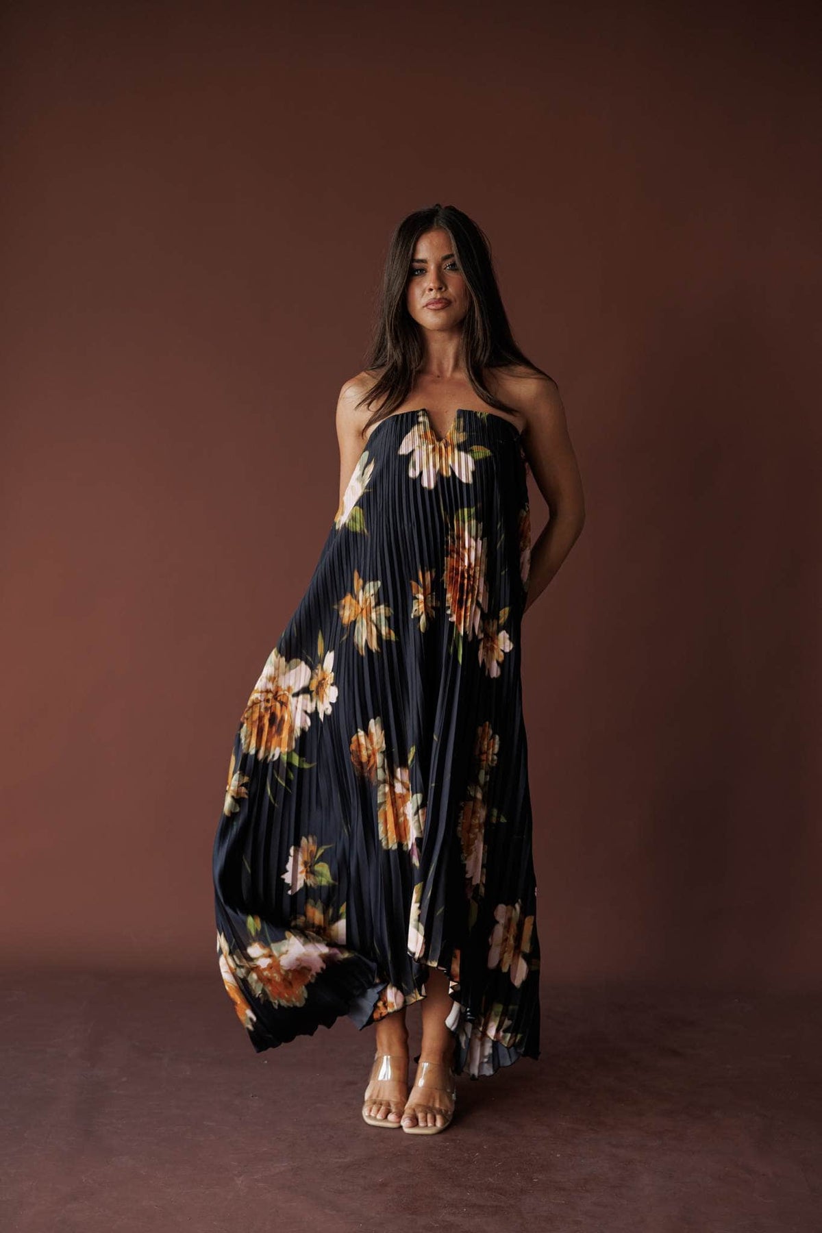 Nightfall Pleated Maxi Dress, in nightfall bloom, full-length front view of the pleated strapless maxi