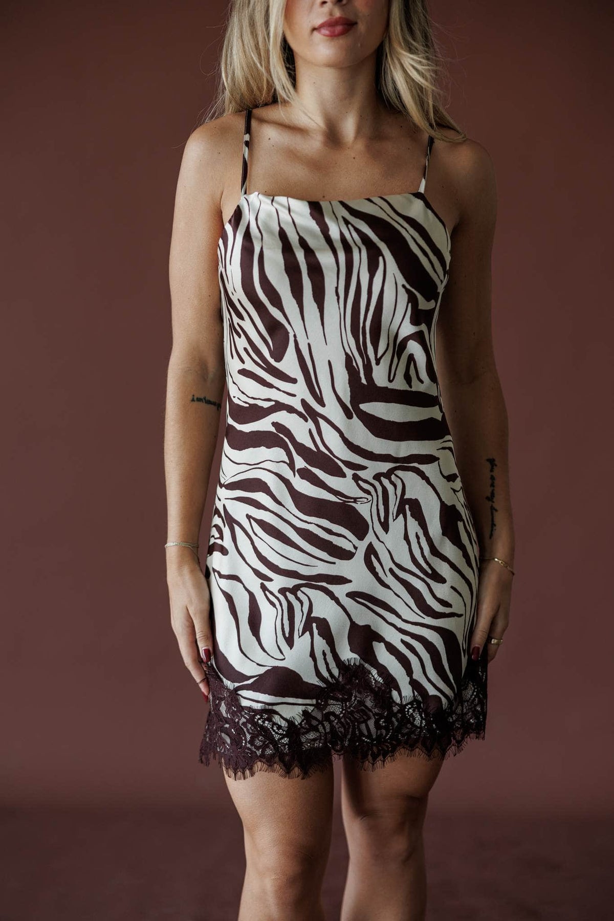 Serengeti Satin Slip Mini, in brown and ecru, close front view of the zebra print bodice