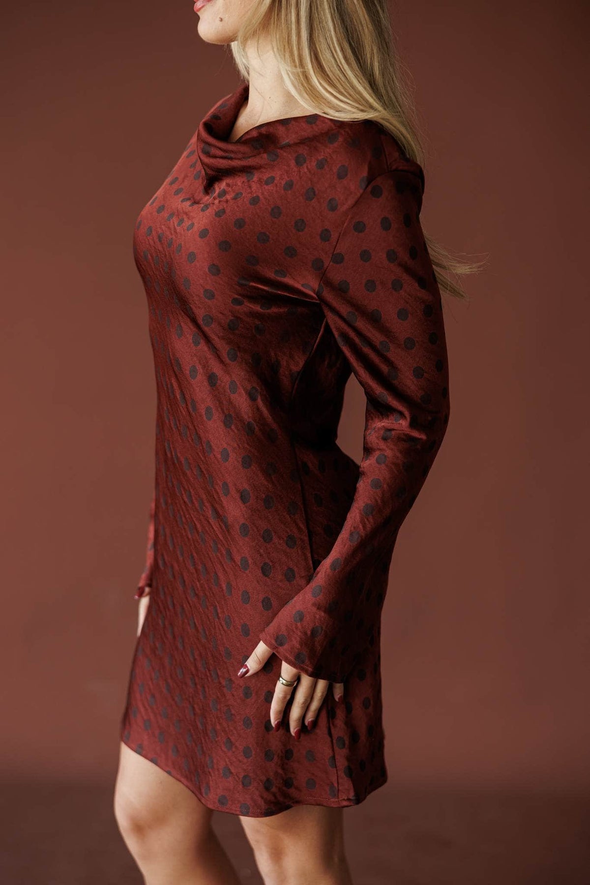 Claret Cowl Mini Dress, in maroon, close side view of the raised dot texture