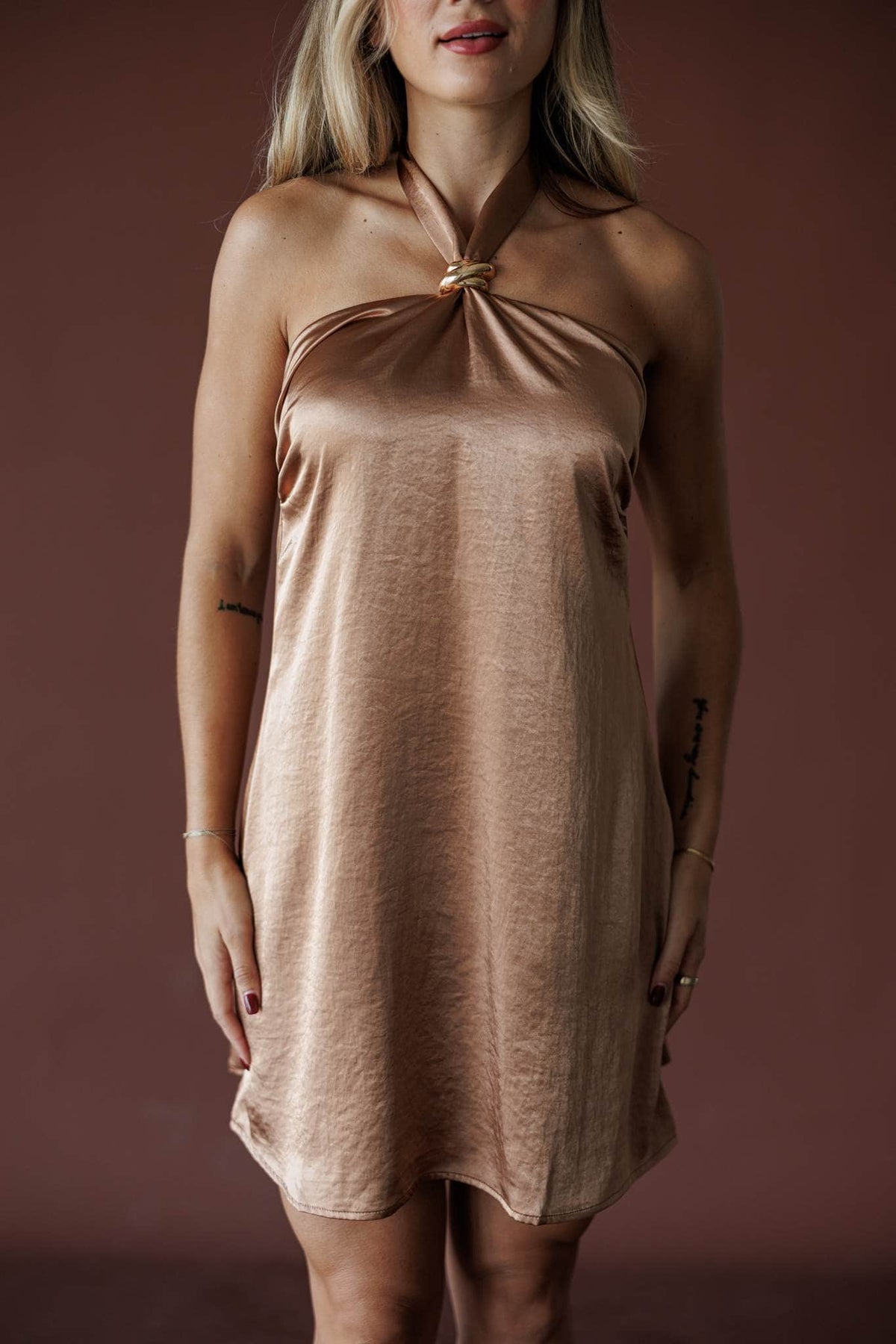 Golden Latte Halter Mini, in golden latte, front view of the gold ring neckline