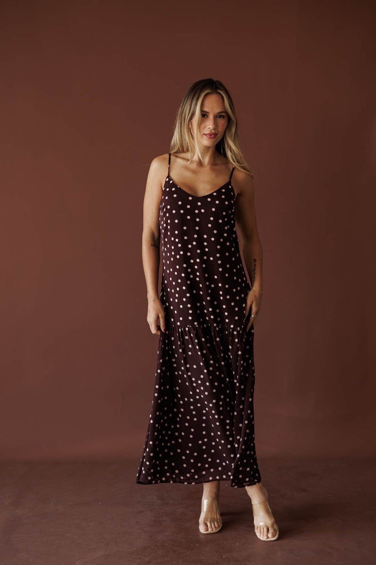 Plum Blush Tiered Slip Maxi, in plum blush, side view of the tiered skirt