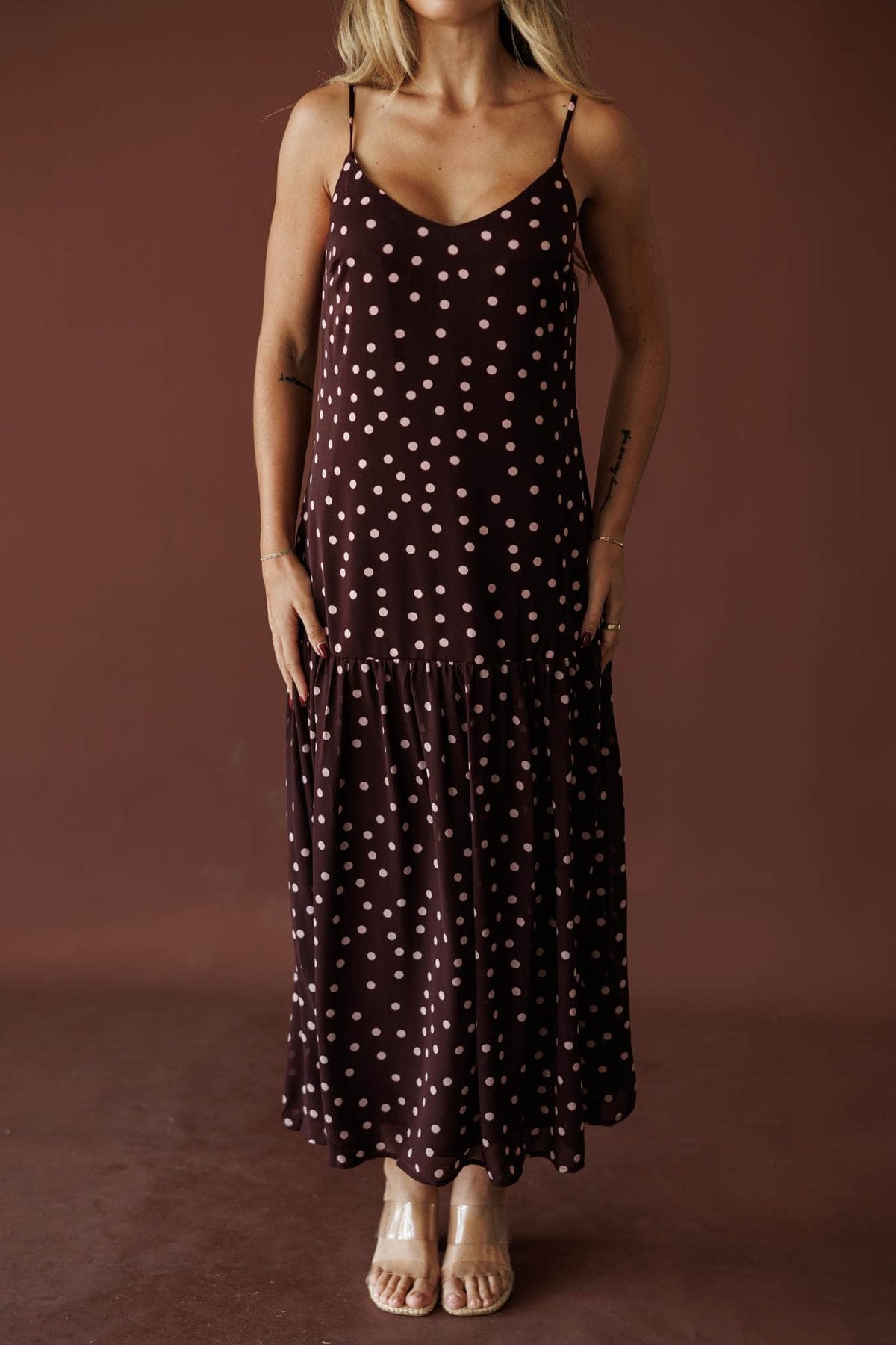 Plum Blush Tiered Slip Maxi, in plum blush, front view of the tiered hem
