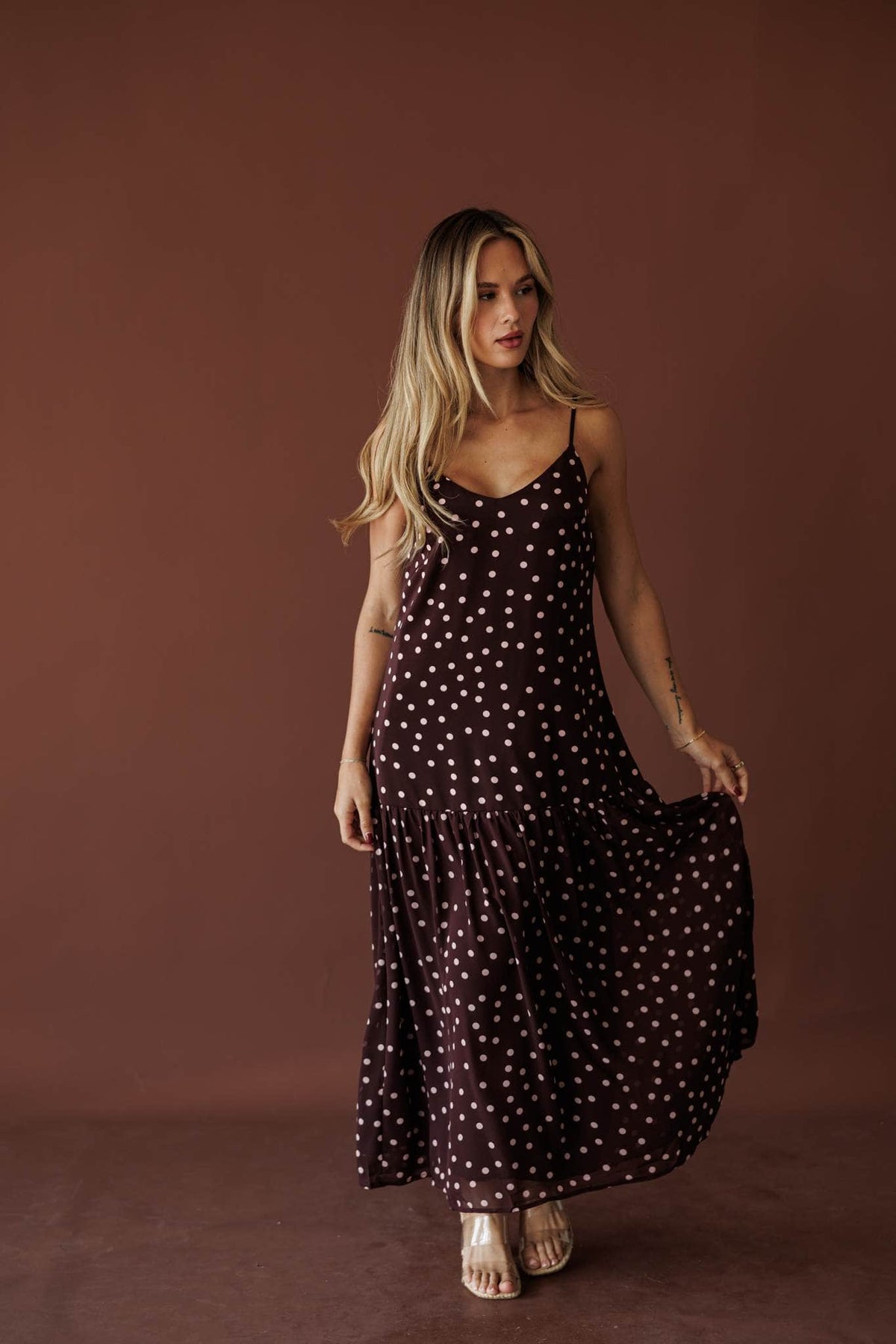 Plum Blush Tiered Slip Maxi, in plum blush, full-length front view of the dot slip maxi