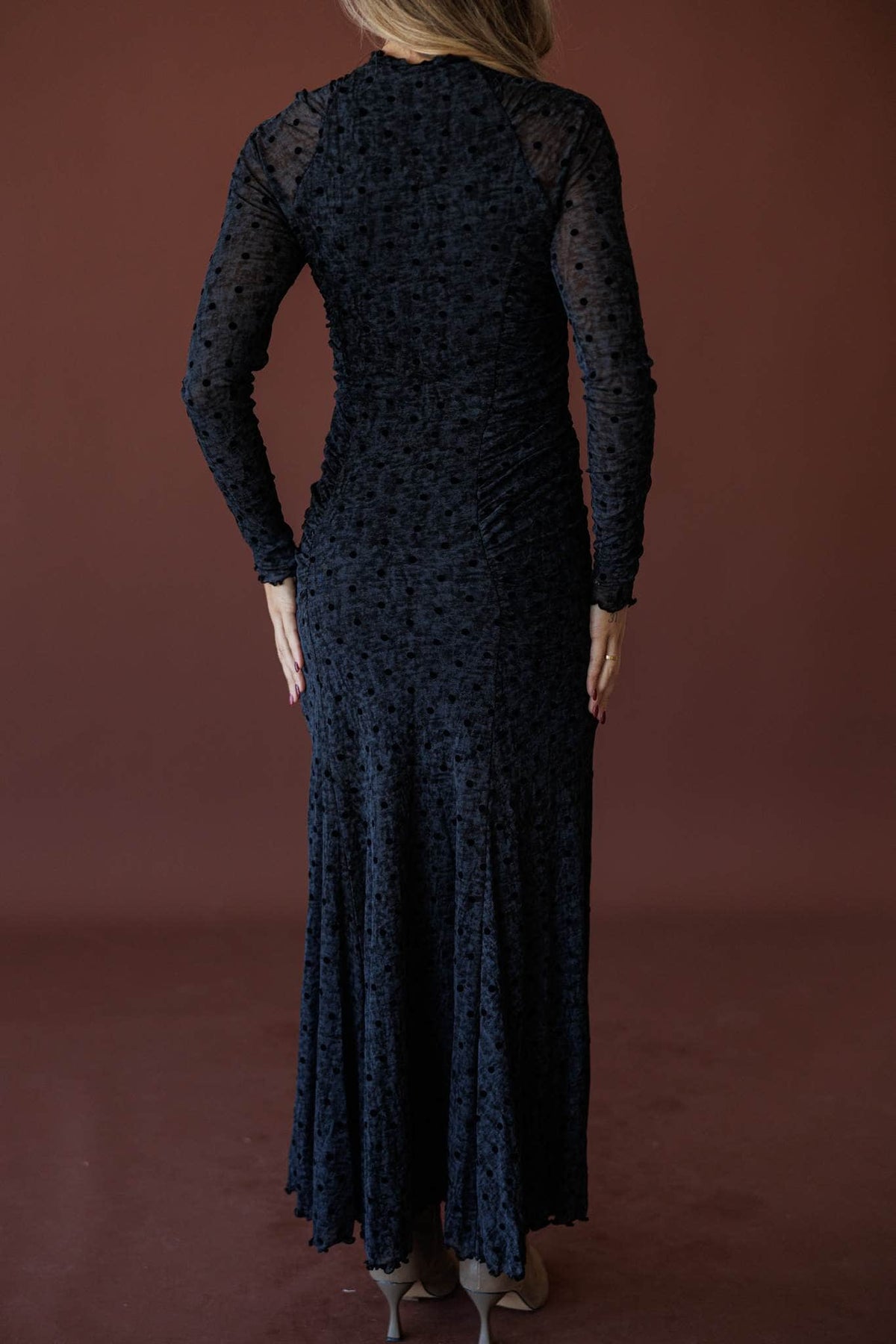 Dot The Night Mesh Maxi Dress, full-length side view of the column