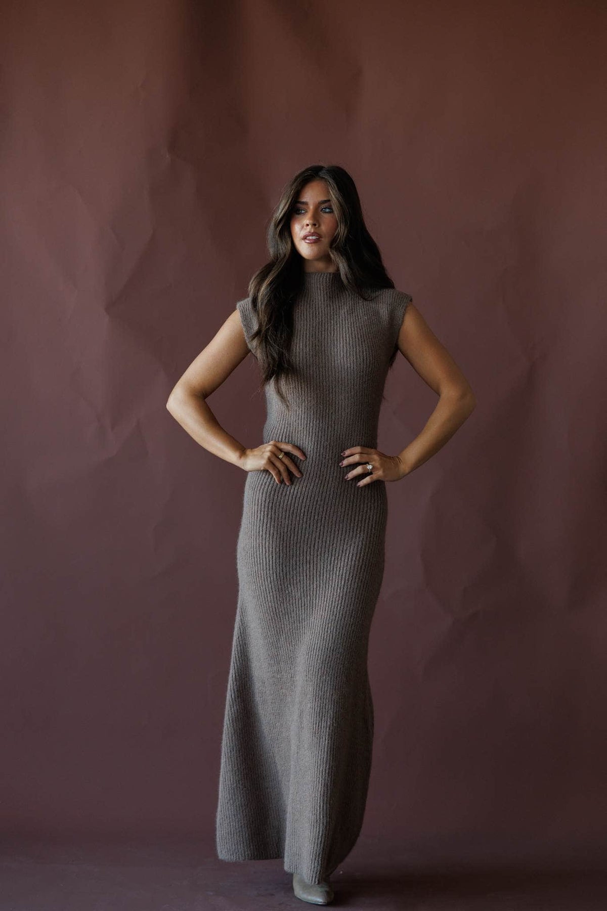 Mock neck ribbed knit maxi dress, front view