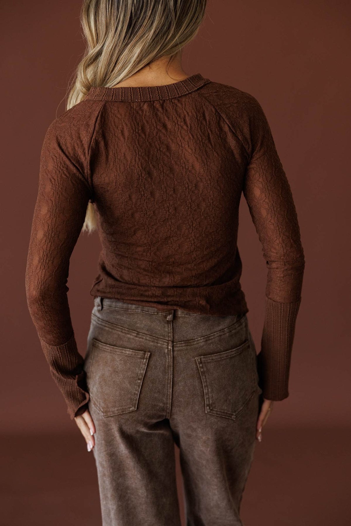 First Layer Henley Top in chocolate, back view showing the fitted sheer knit