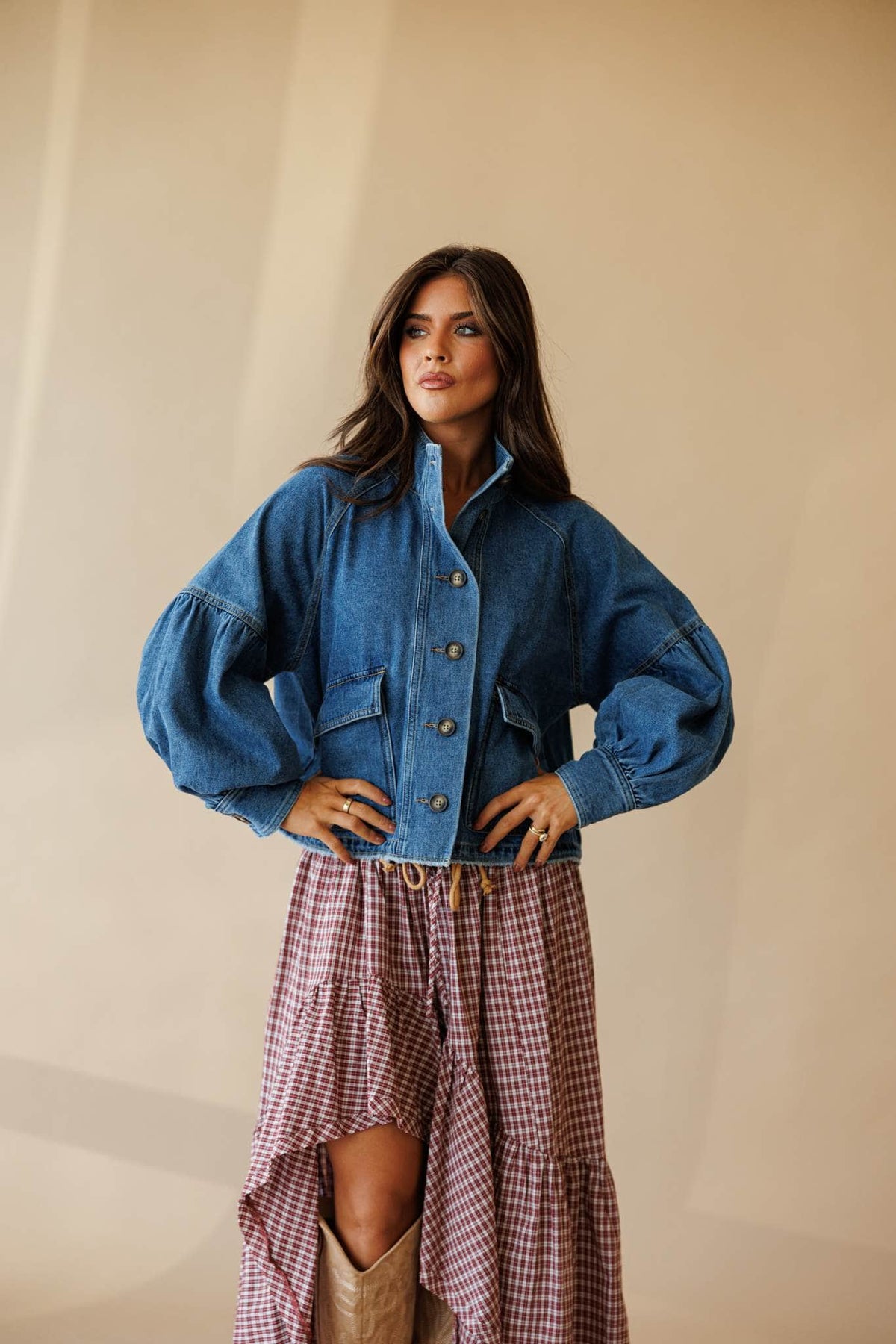 Medium wash denim jacket, front view