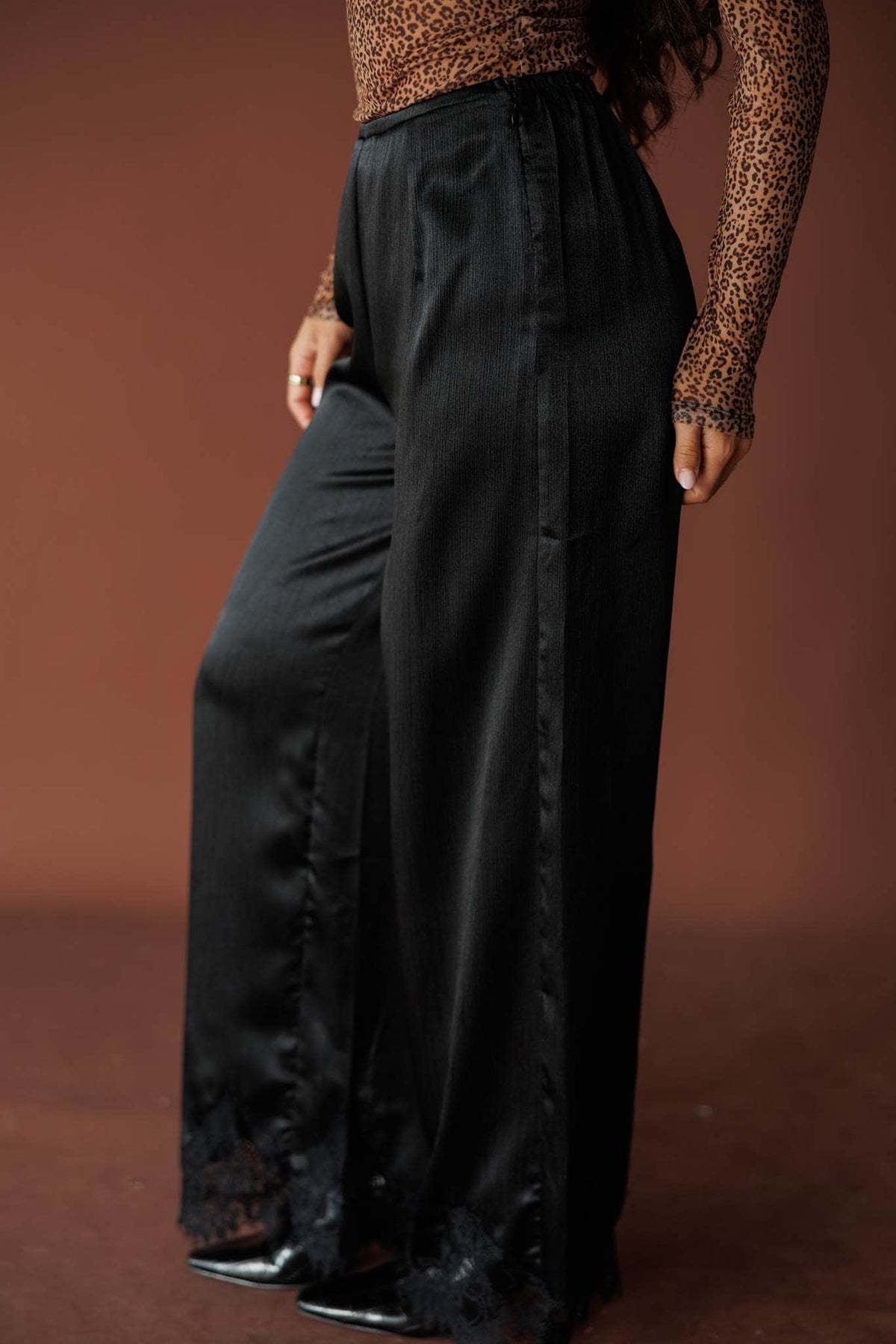 Onyx Satin Wide Leg Pants, in black, side view of the wide leg