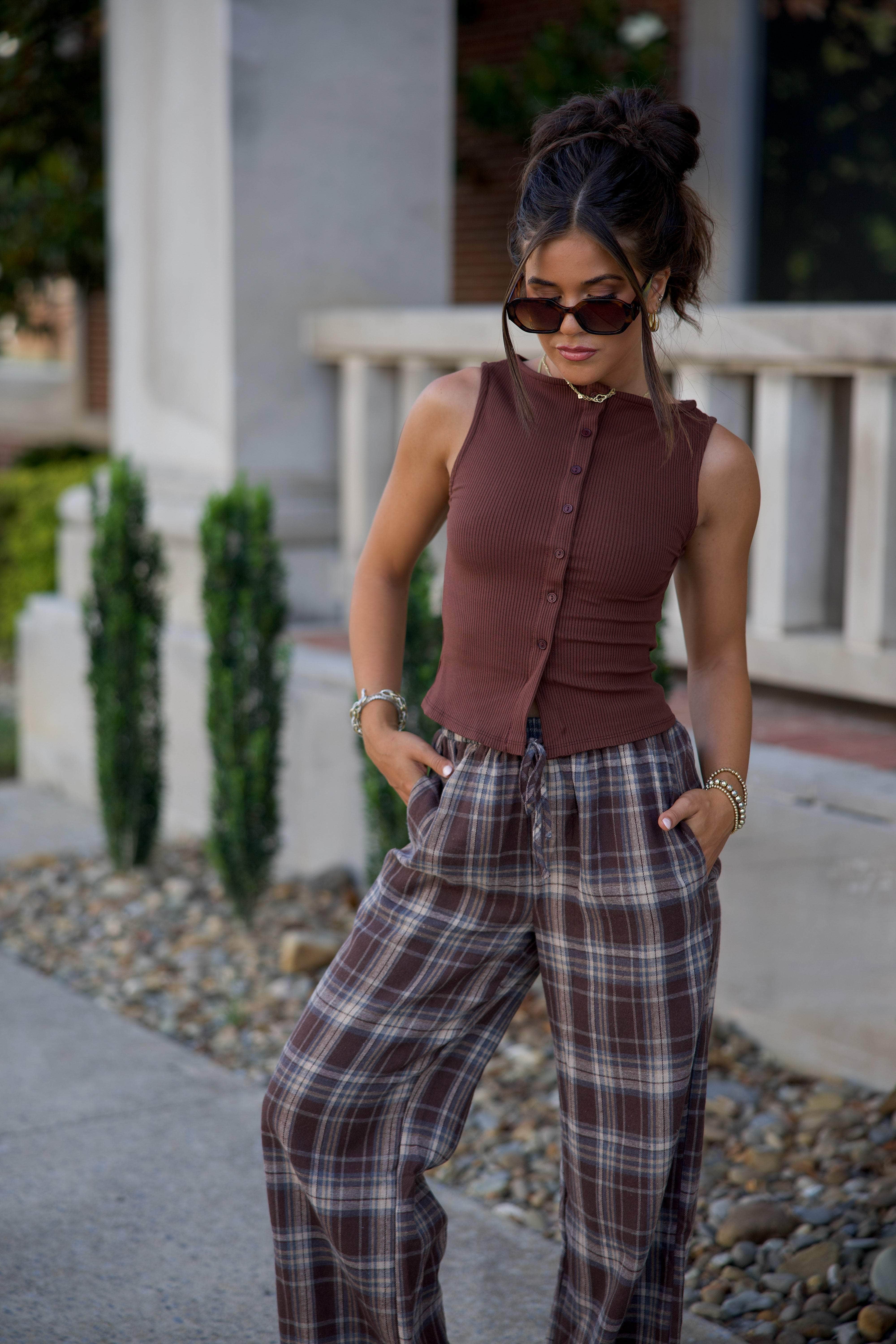 Brown Plaid Boxer Pants