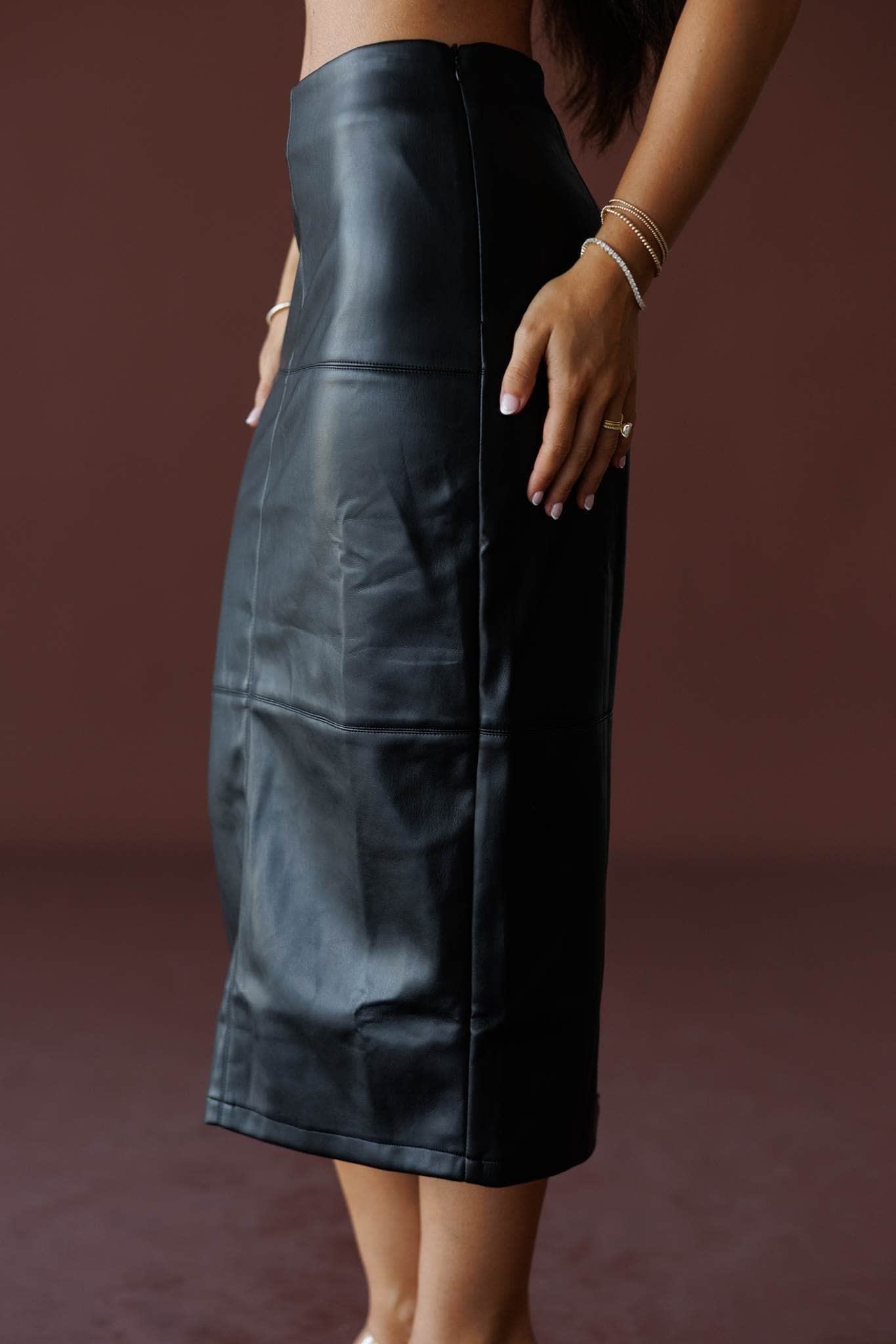Night Shift Leather Midi Skirt