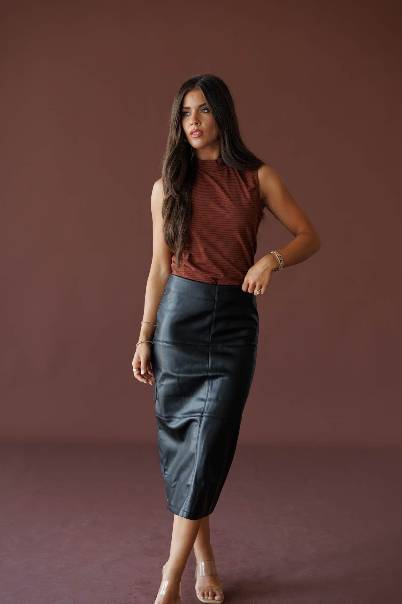 Night Shift Leather Midi Skirt