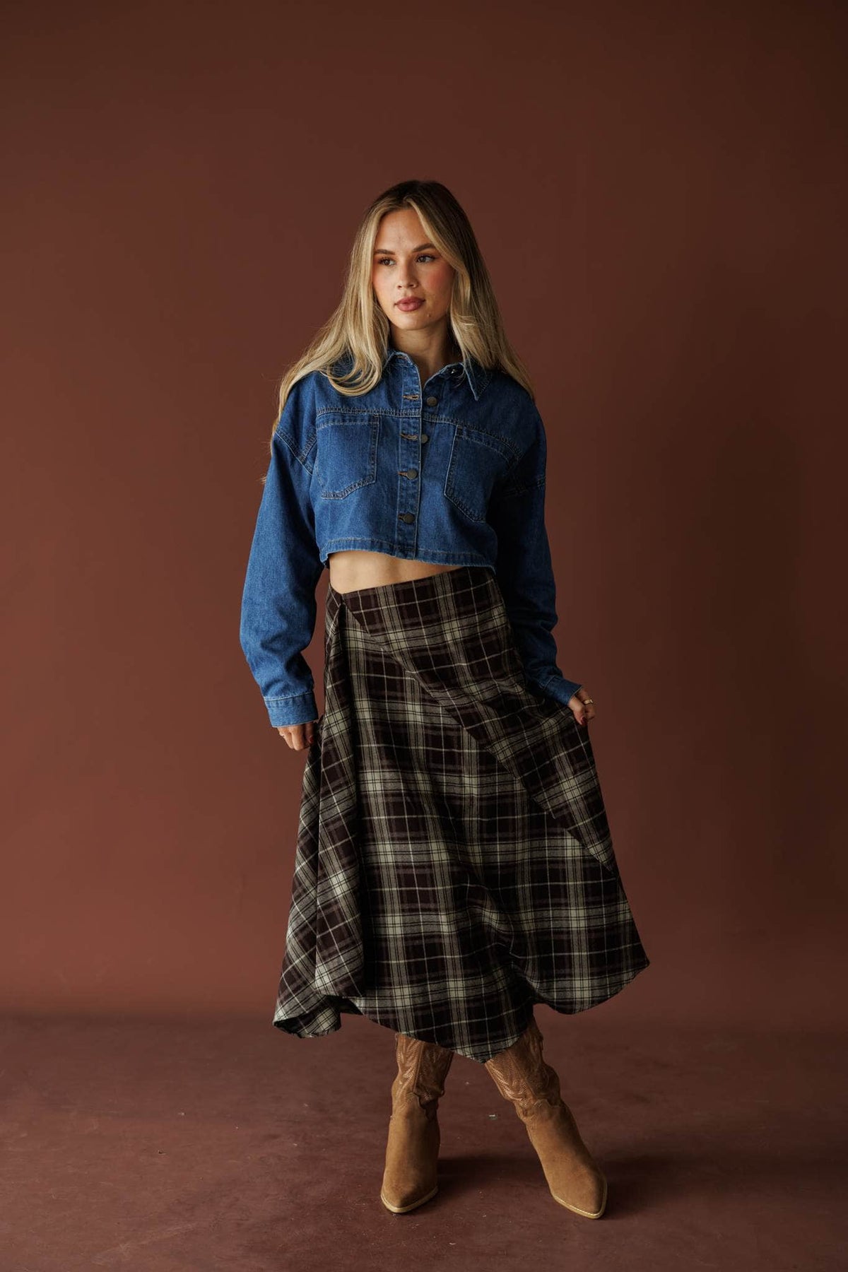 Espresso plaid asymmetric midi skirt