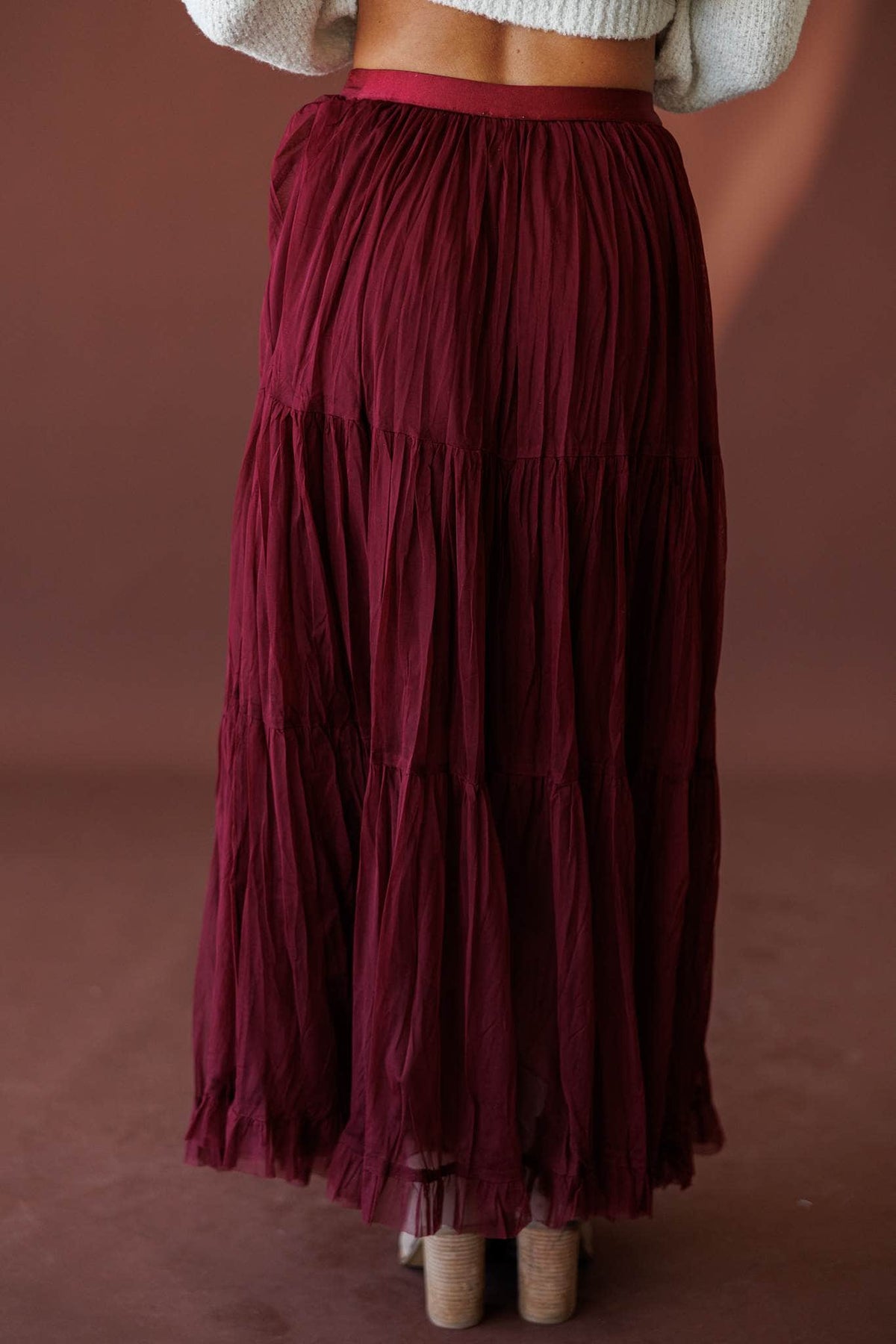 Mulberry Mood Tiered Maxi Skirt, back view of the elastic waist