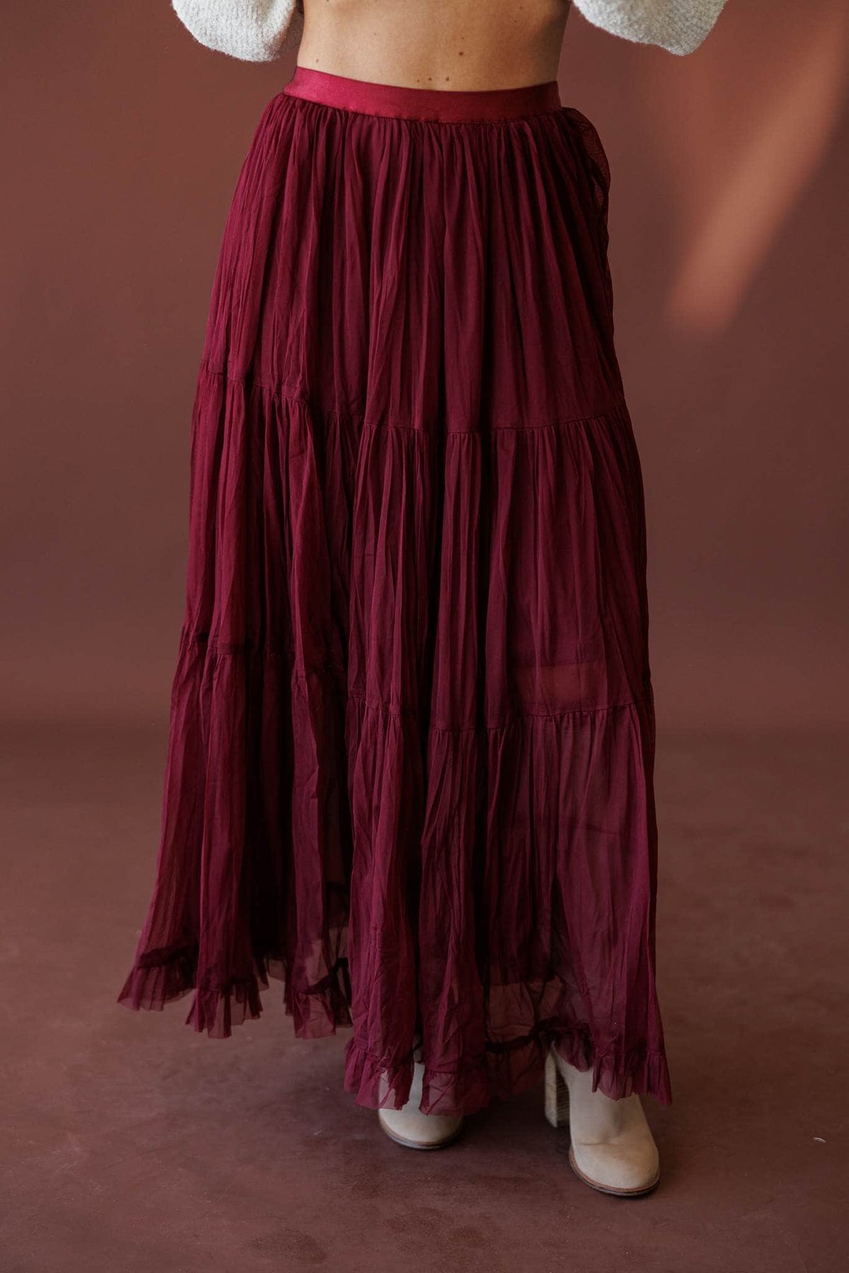Mulberry Mood Tiered Maxi Skirt, front view of the full tiered skirt