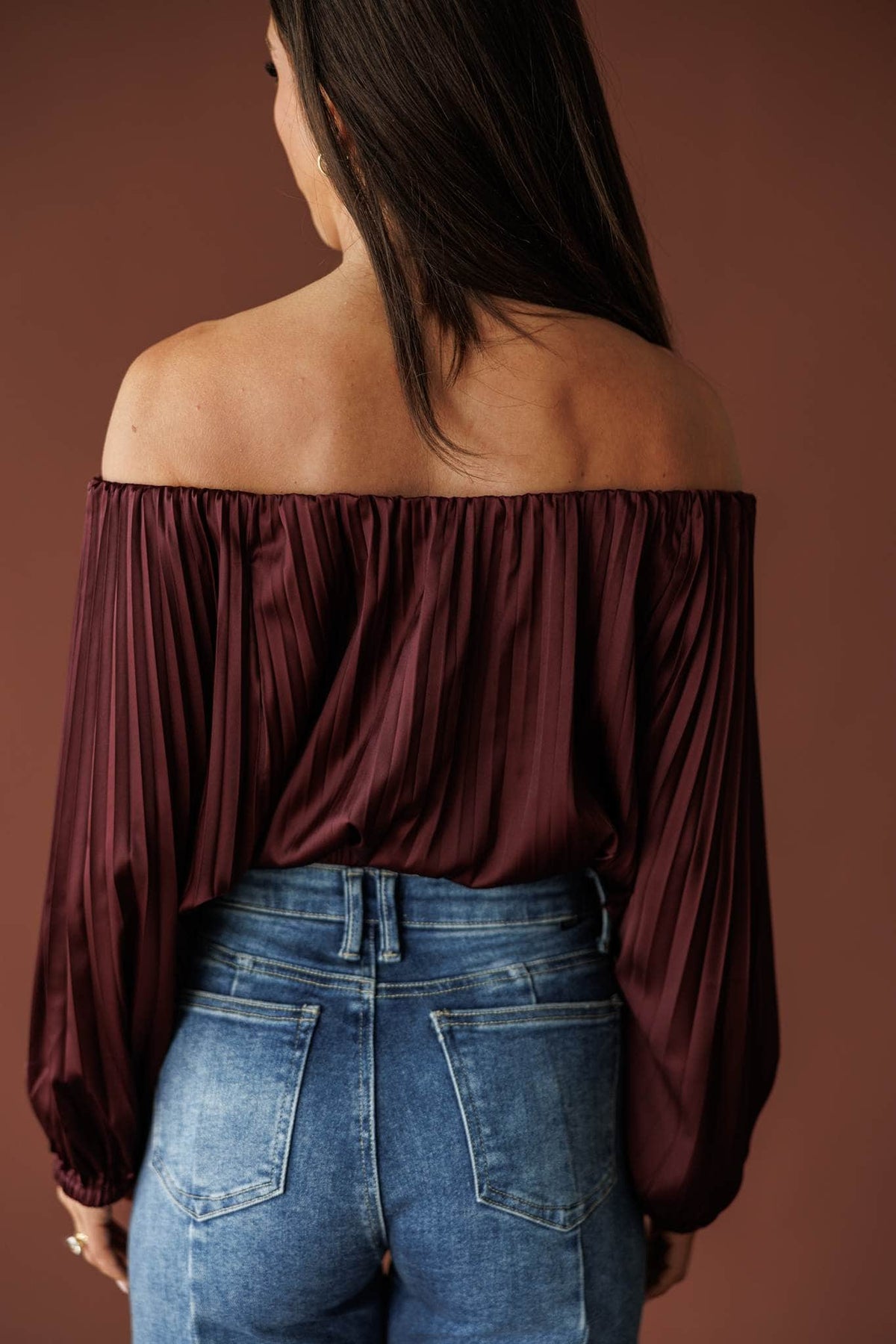 Wine Pour Off Shoulder Top, in wine, back view of the off the shoulder neckline