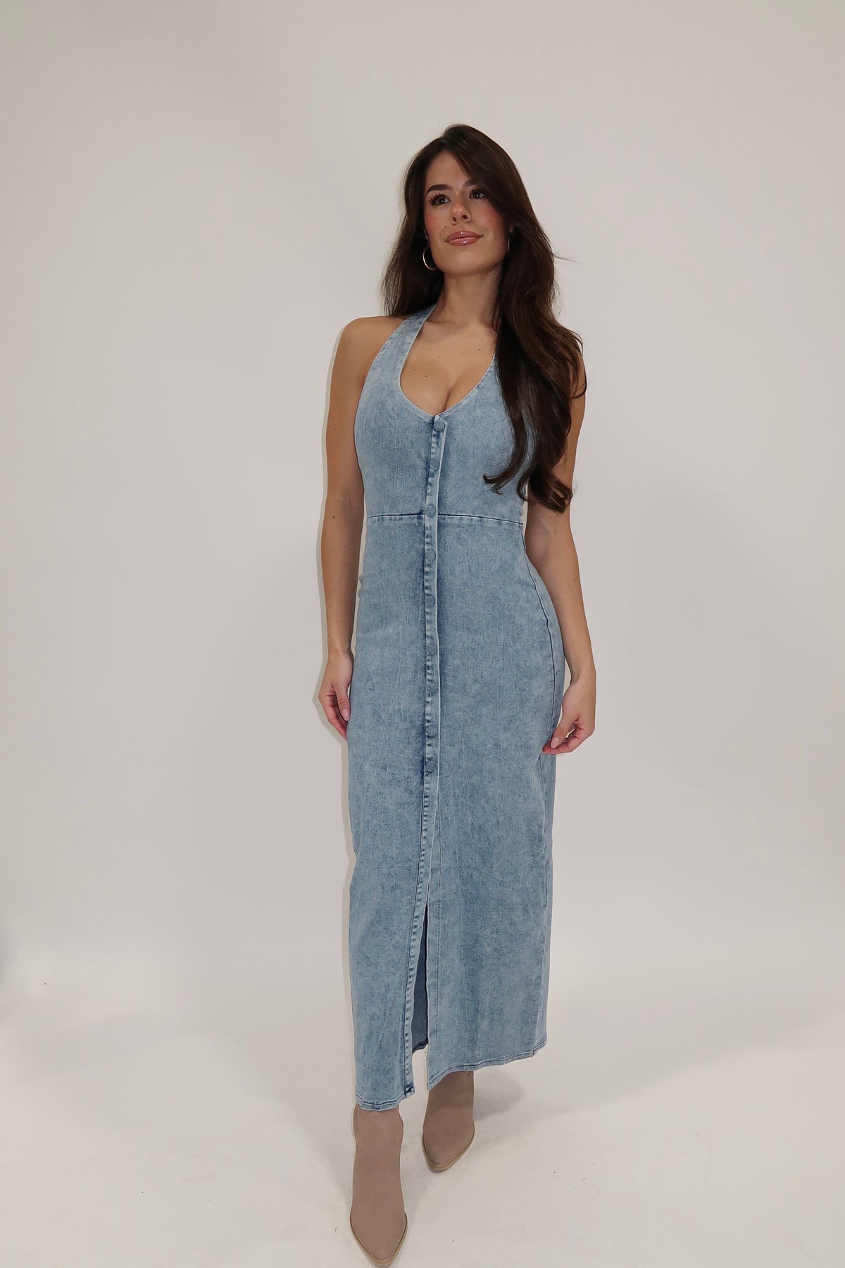 Halterneck Denim Midi Dress