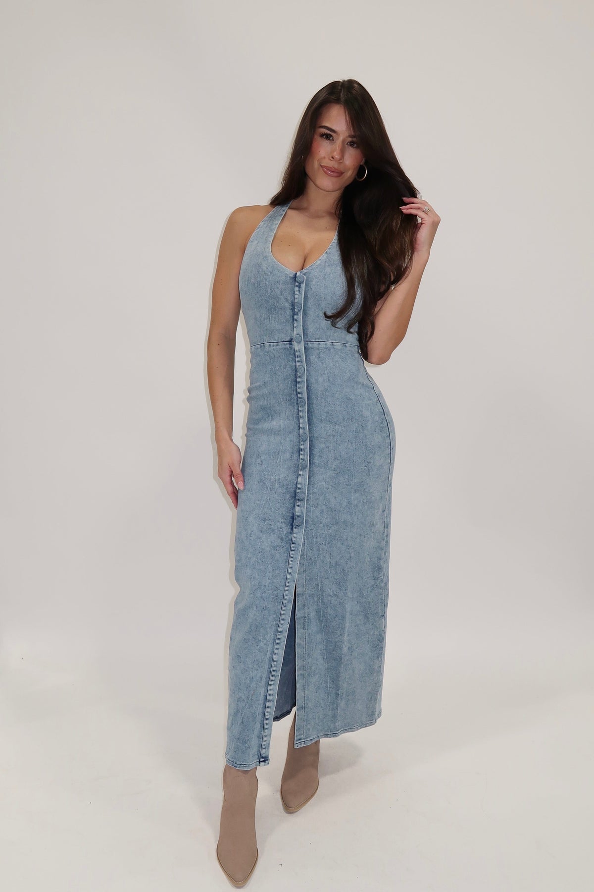 Halterneck Denim Midi Dress