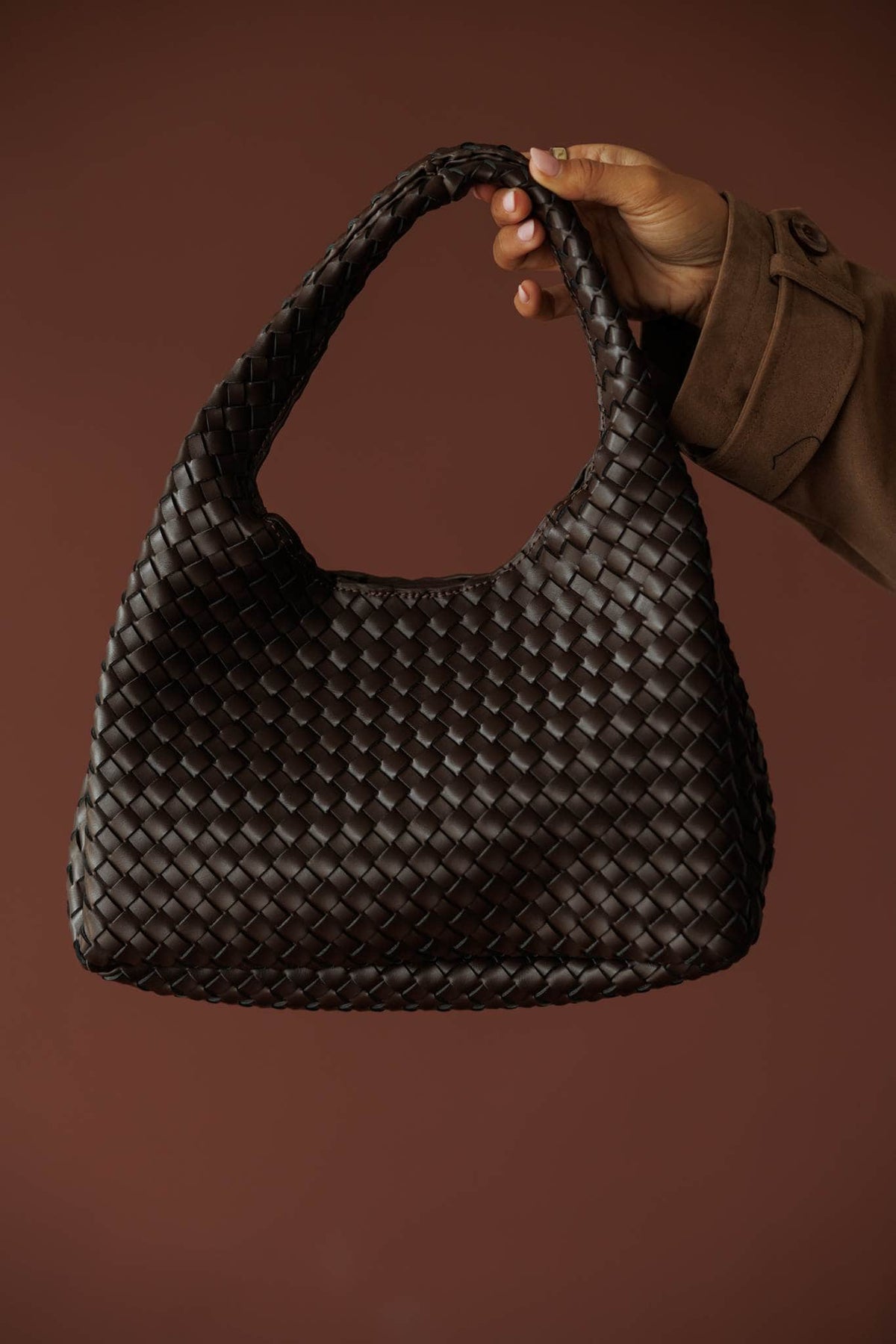 Novie Shoulder Bag***, in chocolate, front view of the woven shoulder bag