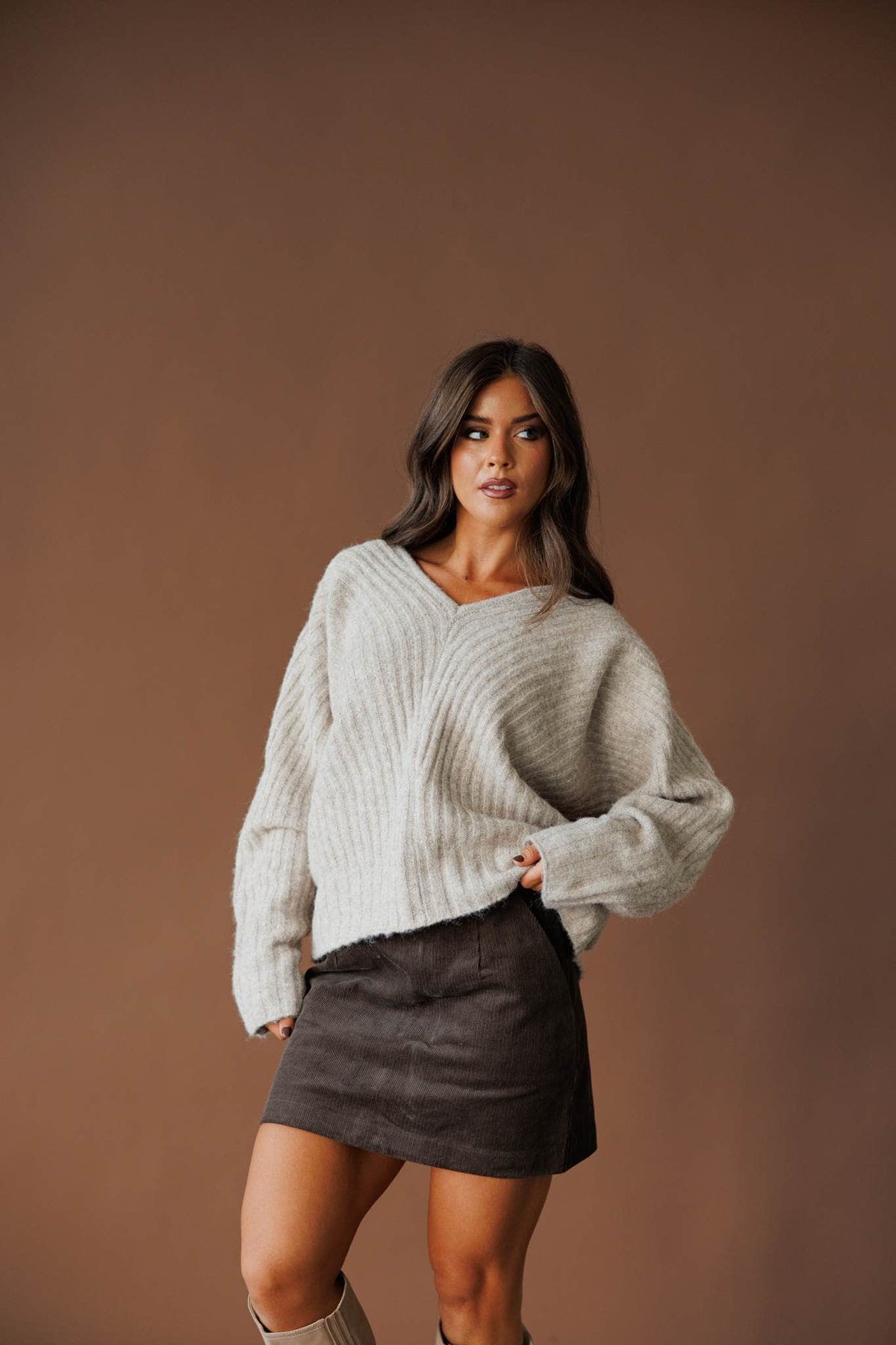 Ribbed knit sweater, front view