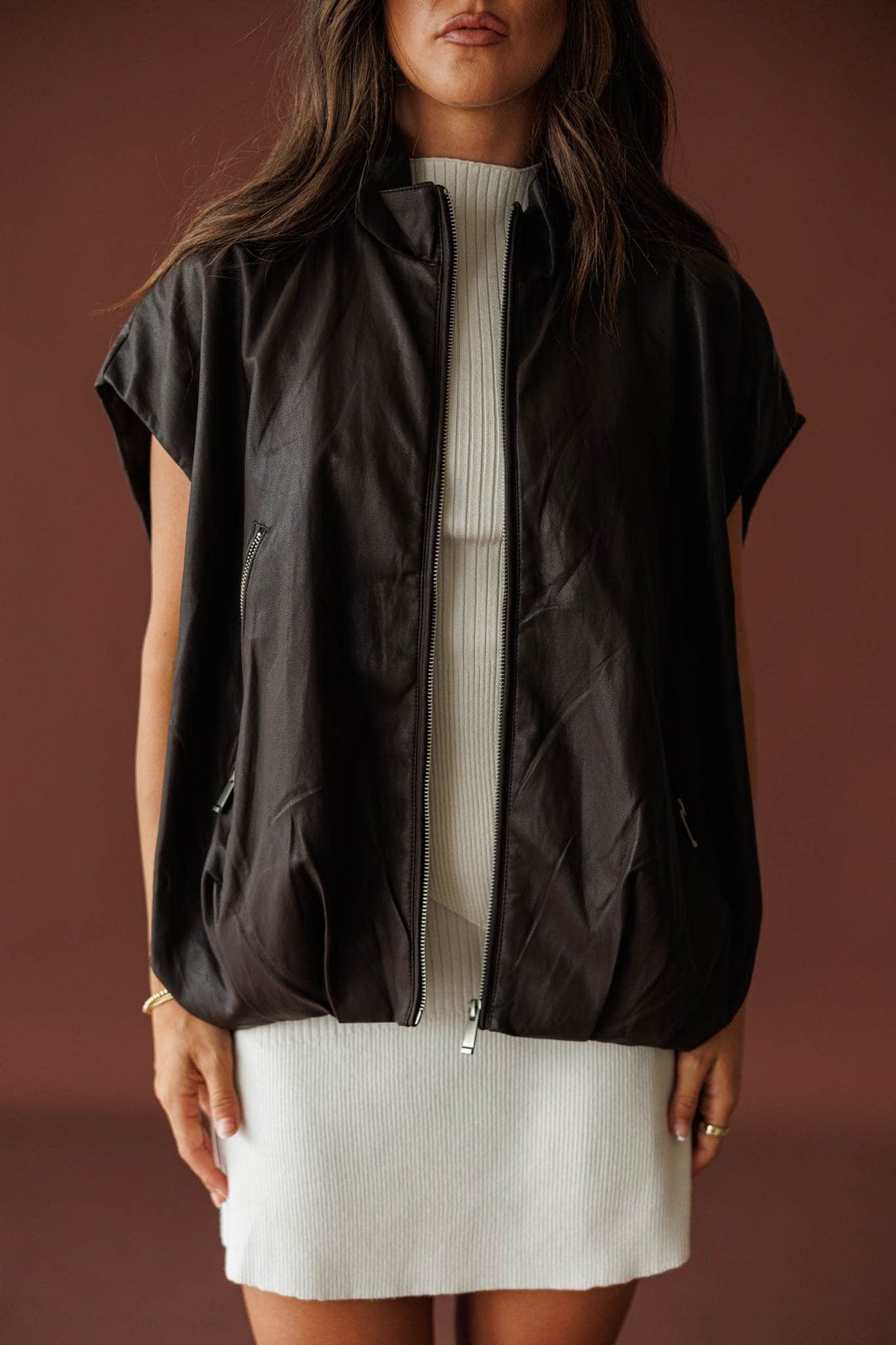 Stockyard Leather Vest in brown, front view of the zip front and cap sleeves